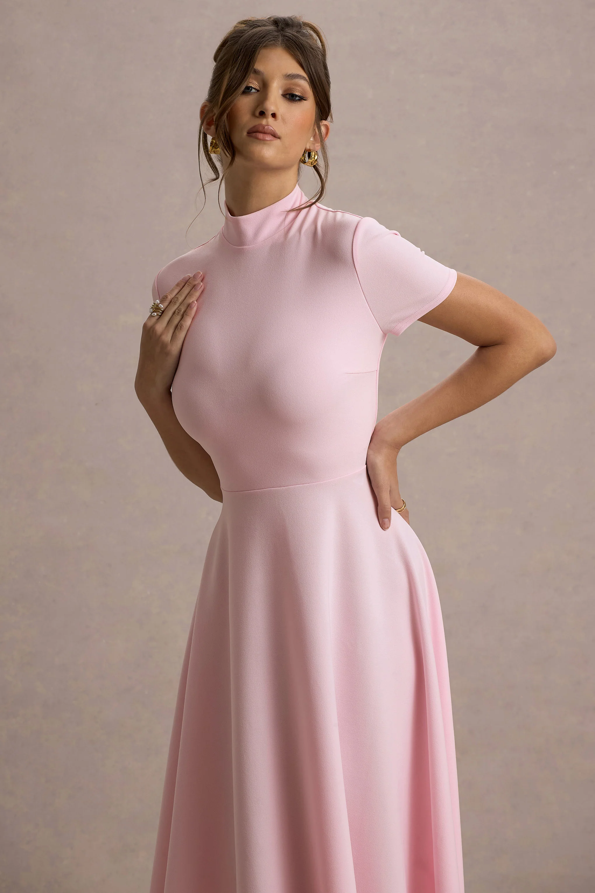 Bellona | Pink High-Neck High-Low Midi Dress