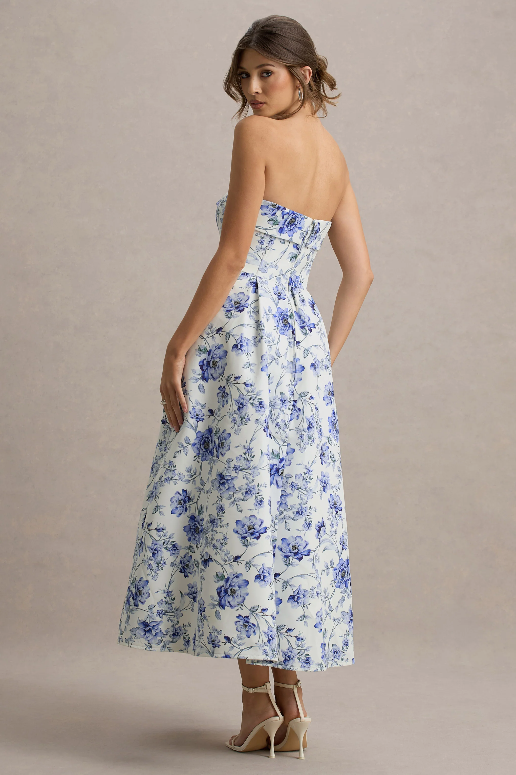 Annalise | Blue Porcelain Print Bandeau Skater Midi Dress