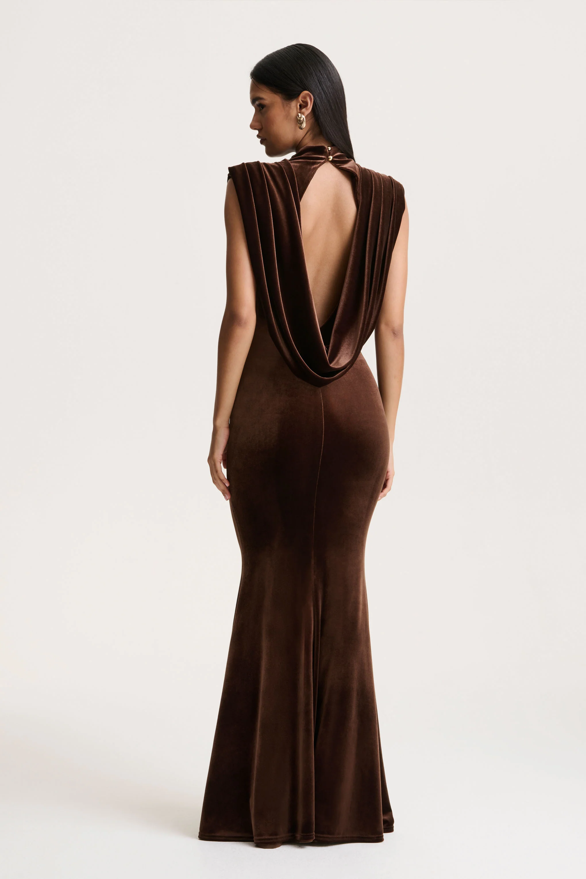 Malora | Brown Velvet High-Neck Maxi Dress With Open-Back