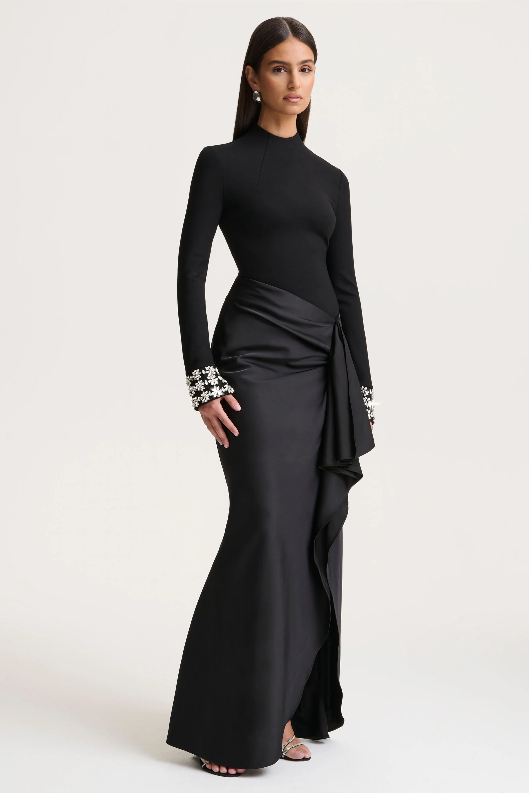 Starred | Black High-Neck Maxi Dress With Satin Wrap-Skirt And Embellished Cuffs