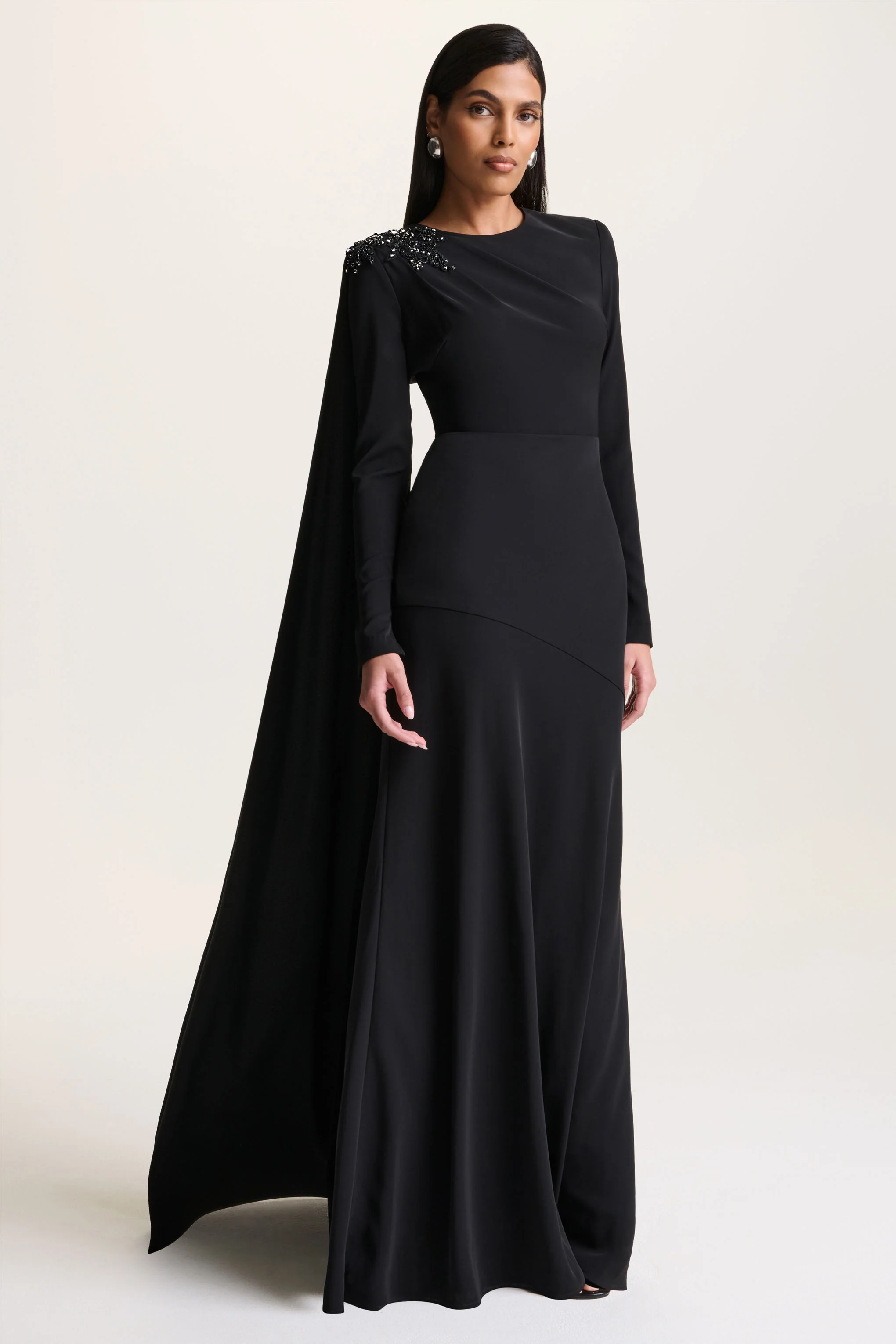 Reese | Black High-Neck Maxi Dress With Embellished Detail and Sash