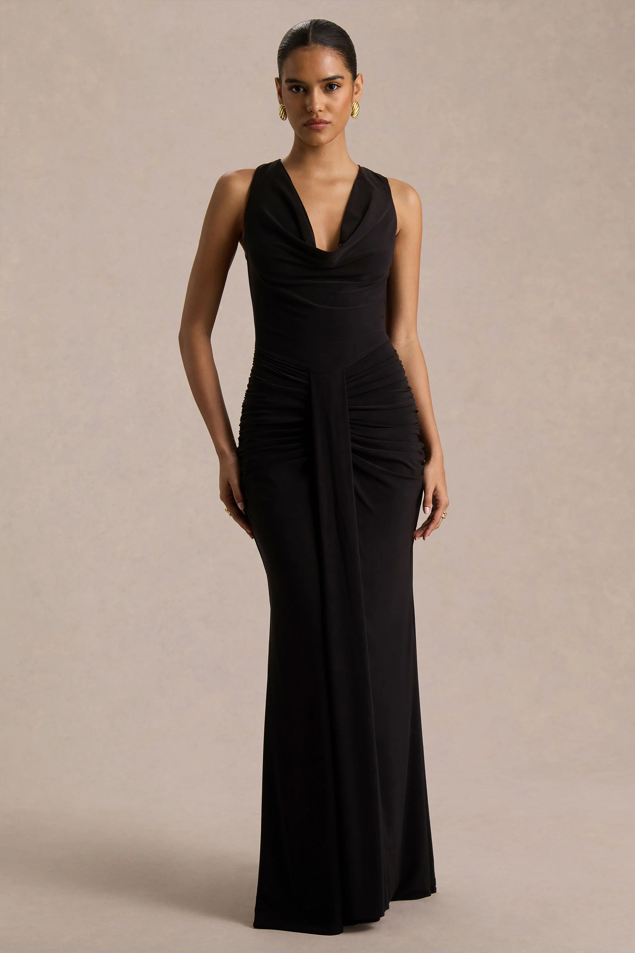 Mallie | Black Cowl-Neck Maxi Dress With Gathered-Detailing