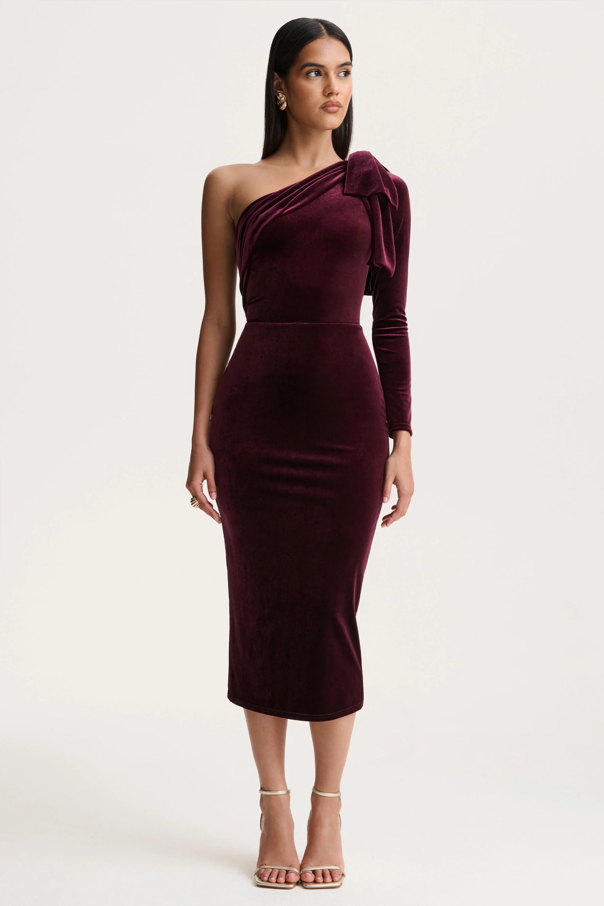 Vespera | Burgundy Velvet Asymmetric Neck Midi Dress With Bow Detail