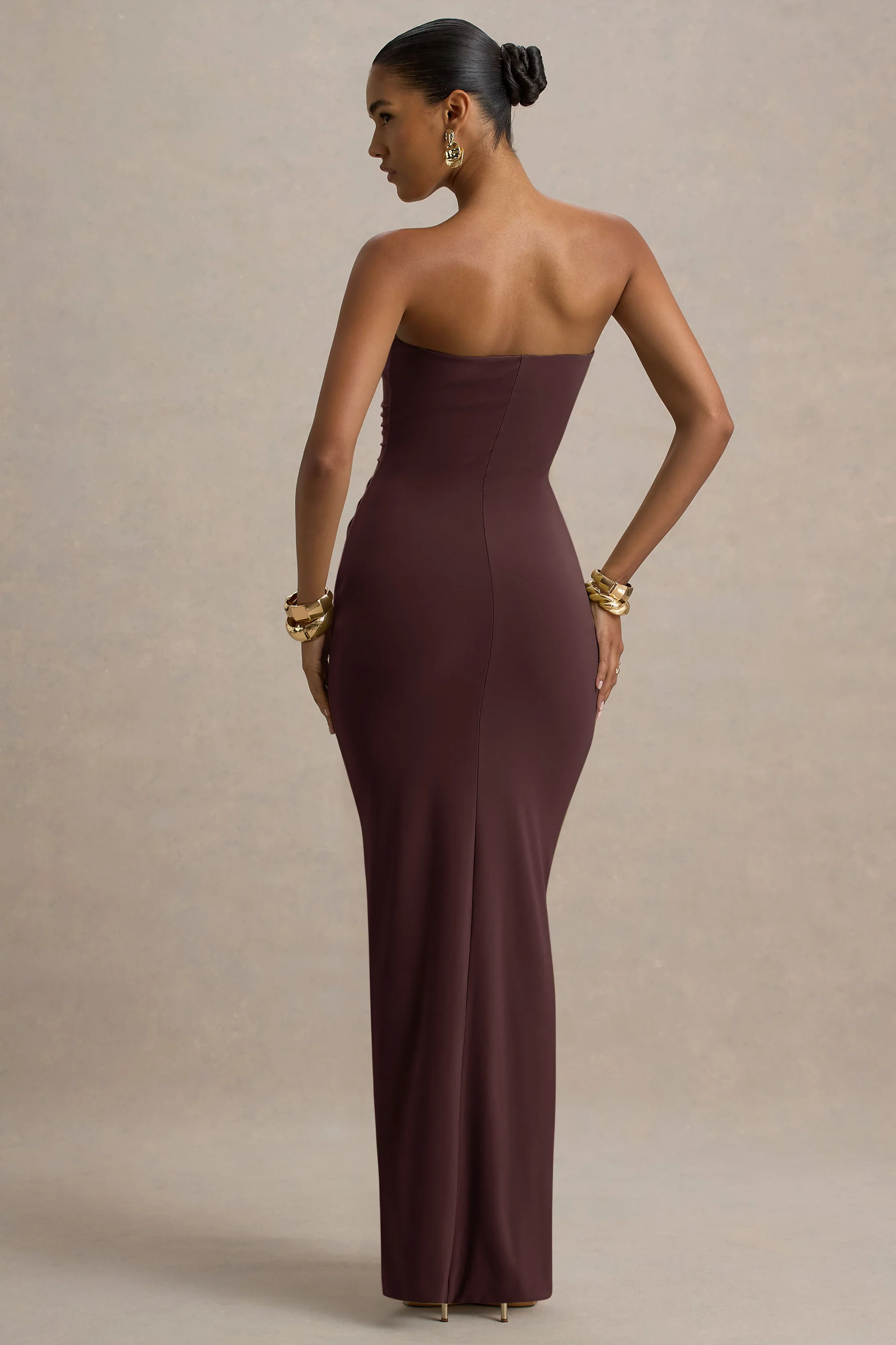 Ali | Warm Brown Sweetheart Ruched Wrap Maxi Dress