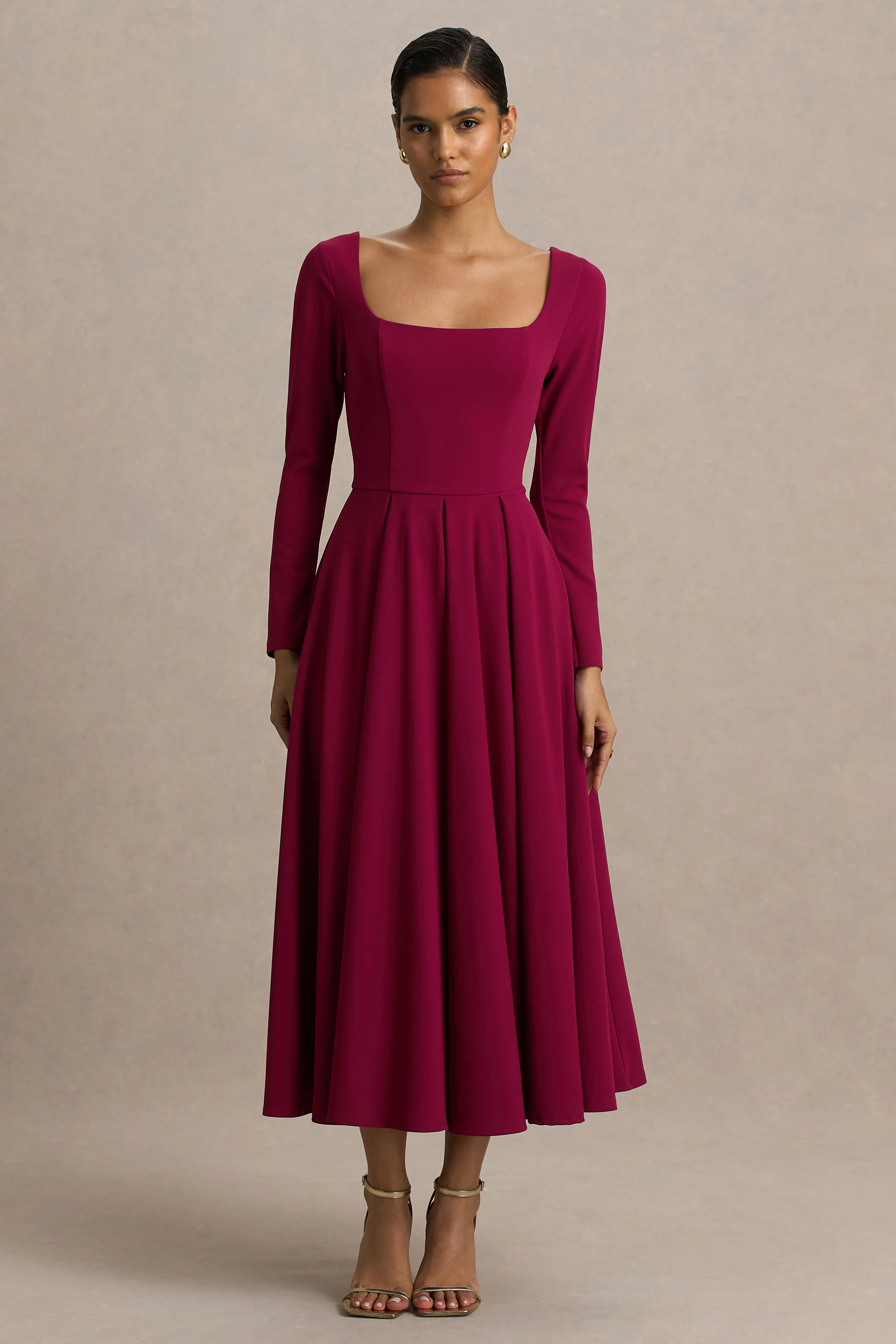 Alison | Burgundy Square-Neck A-Line Midi Dress