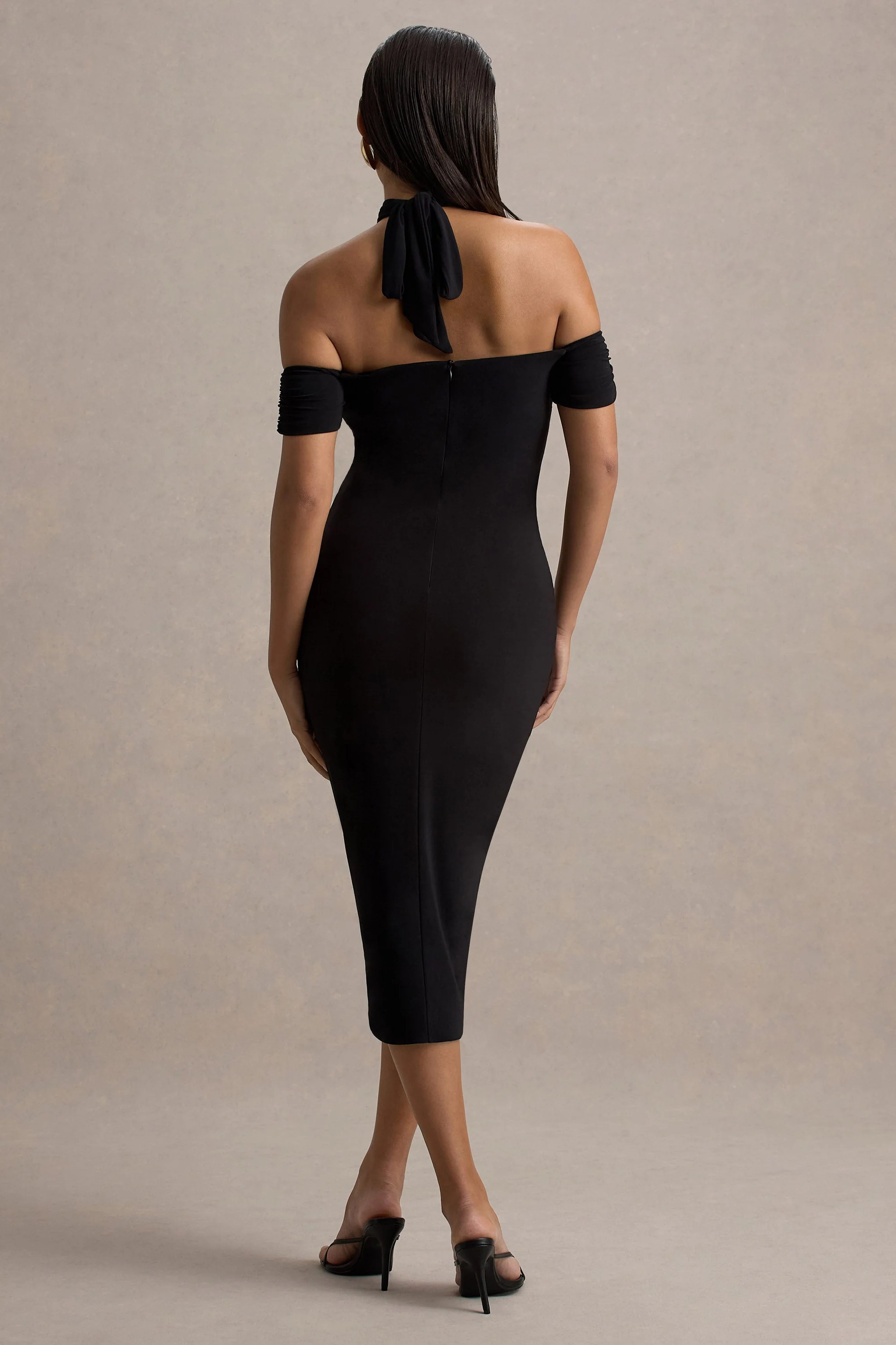 Selvina | Black Cut-Out Halter-Neck Midi Dress