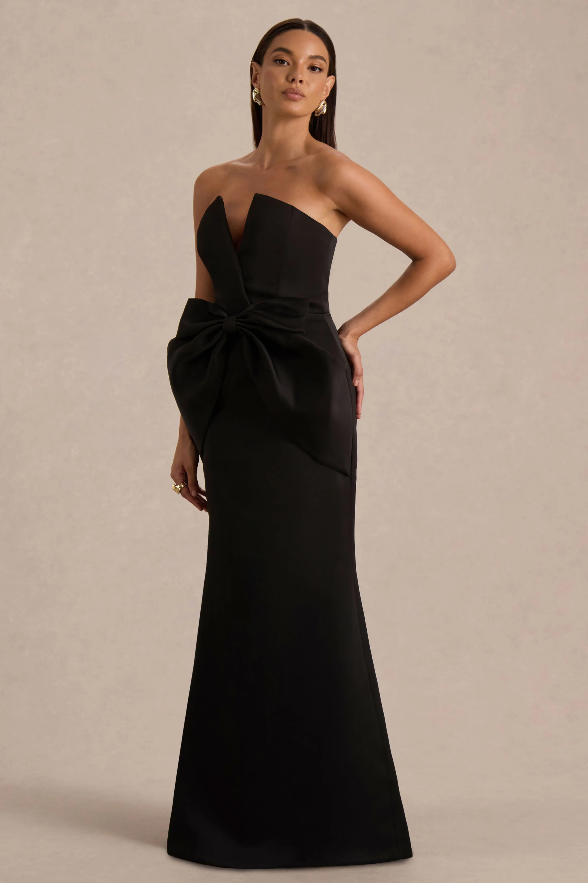 Sonata | Black Satin Bandeau Maxi Dress With Bow Detail