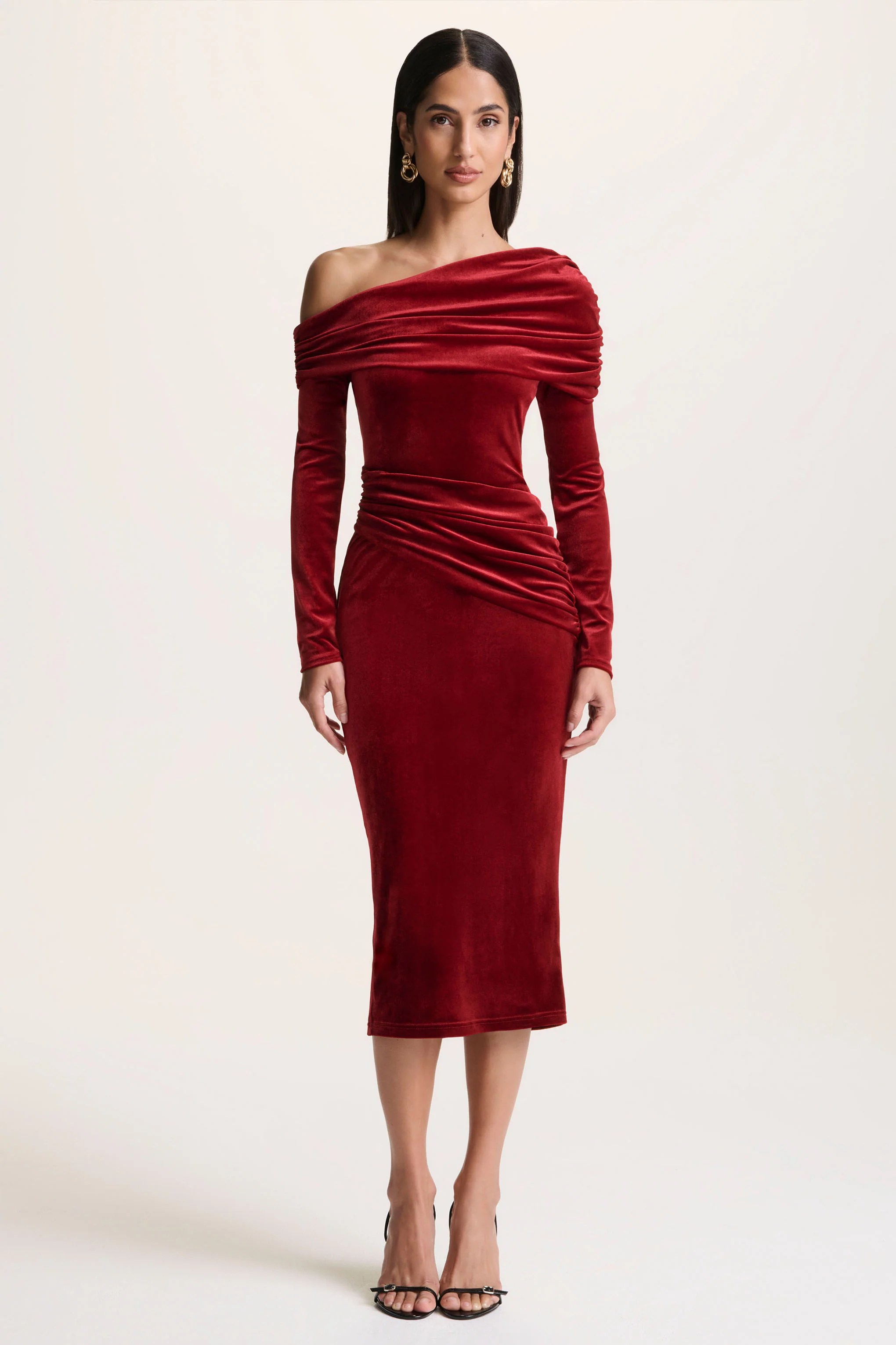 Eirene |  Red Velvet Asymmetric-Neck Midi Dress