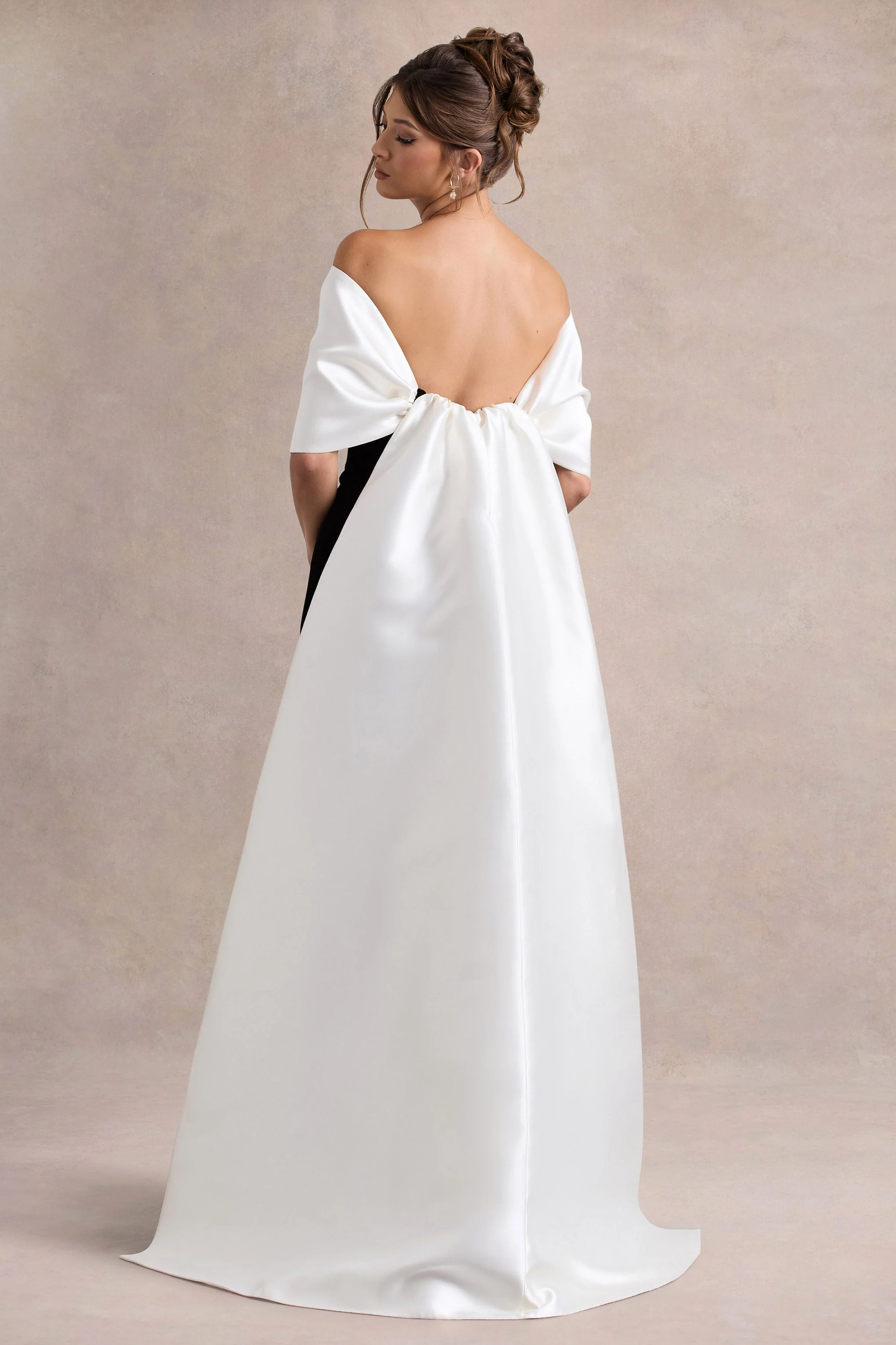 Wanting More | Black & White Satin Cape Maxi Dress With Oversized Bow