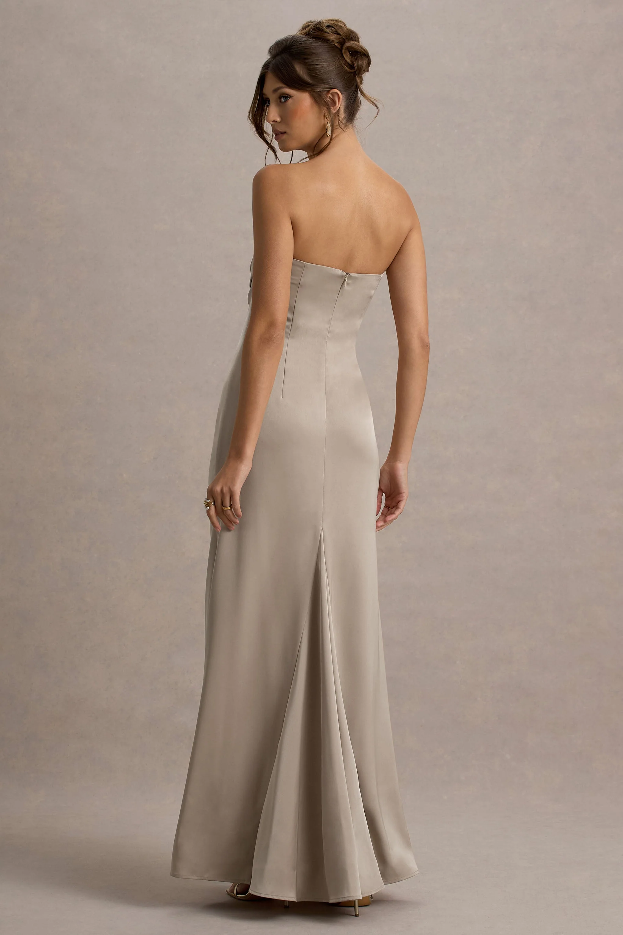 Mackenzie | Champagne Satin Plunge-Neck Draped Maxi Dress