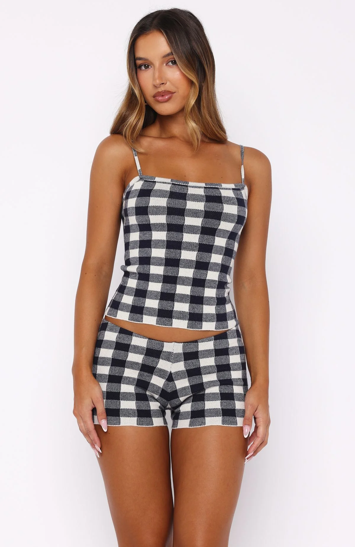 Iconic Duo Knit Mini Shorts Navy/Cream Gingham