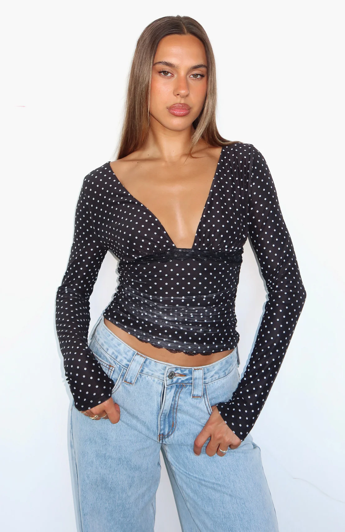 Clear As Day Long Sleeve Top Black/White Polka Dot