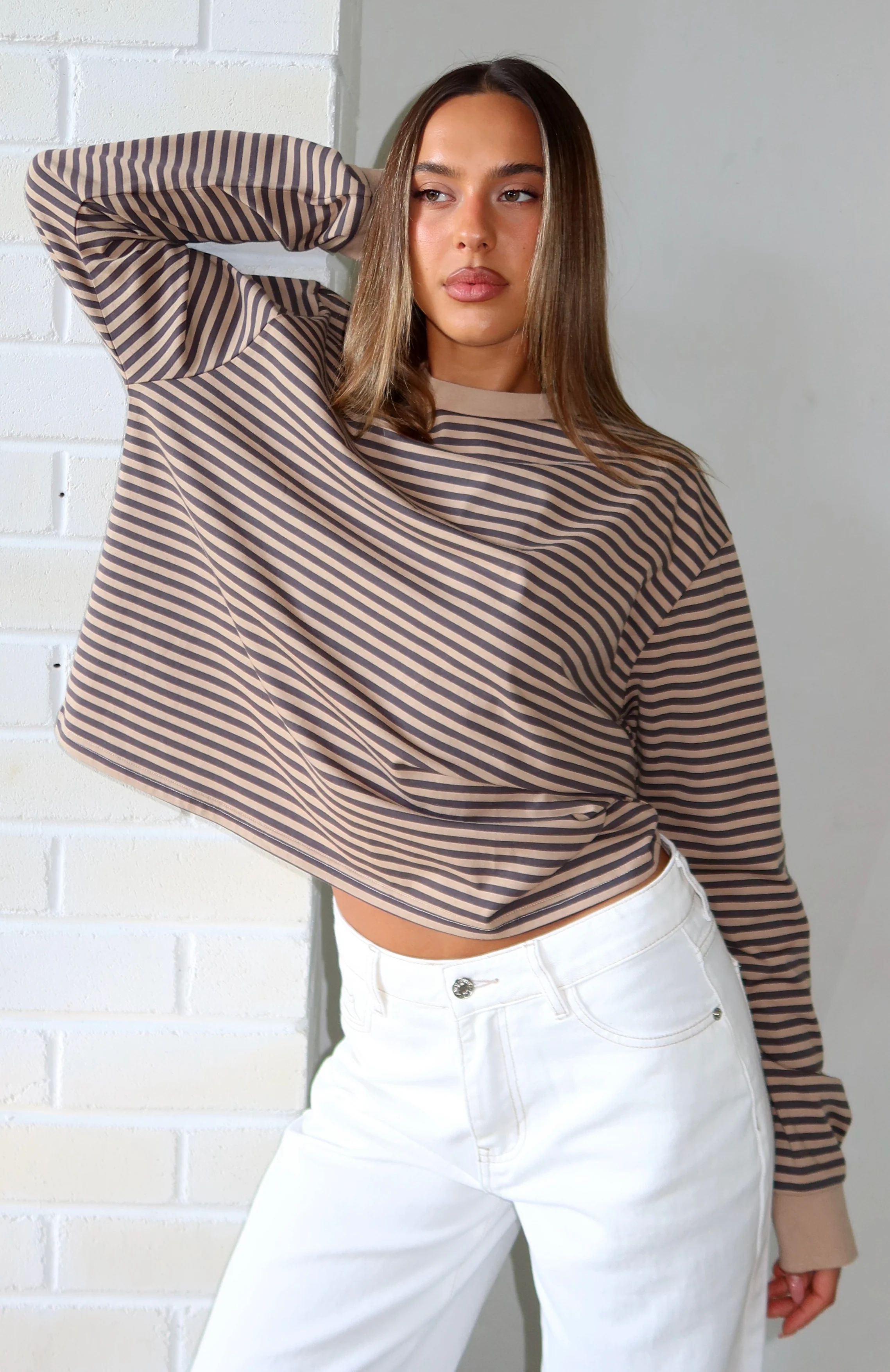 Catch The Drift Long Sleeve Tee Chocolate/Tan Stripe