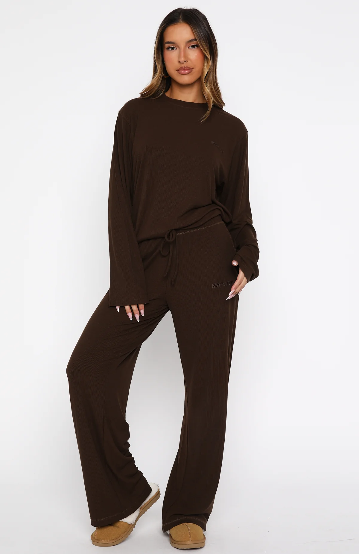 Come A Long Way Soft Lounge Long Sleeve Ribbed Tee Chocolate