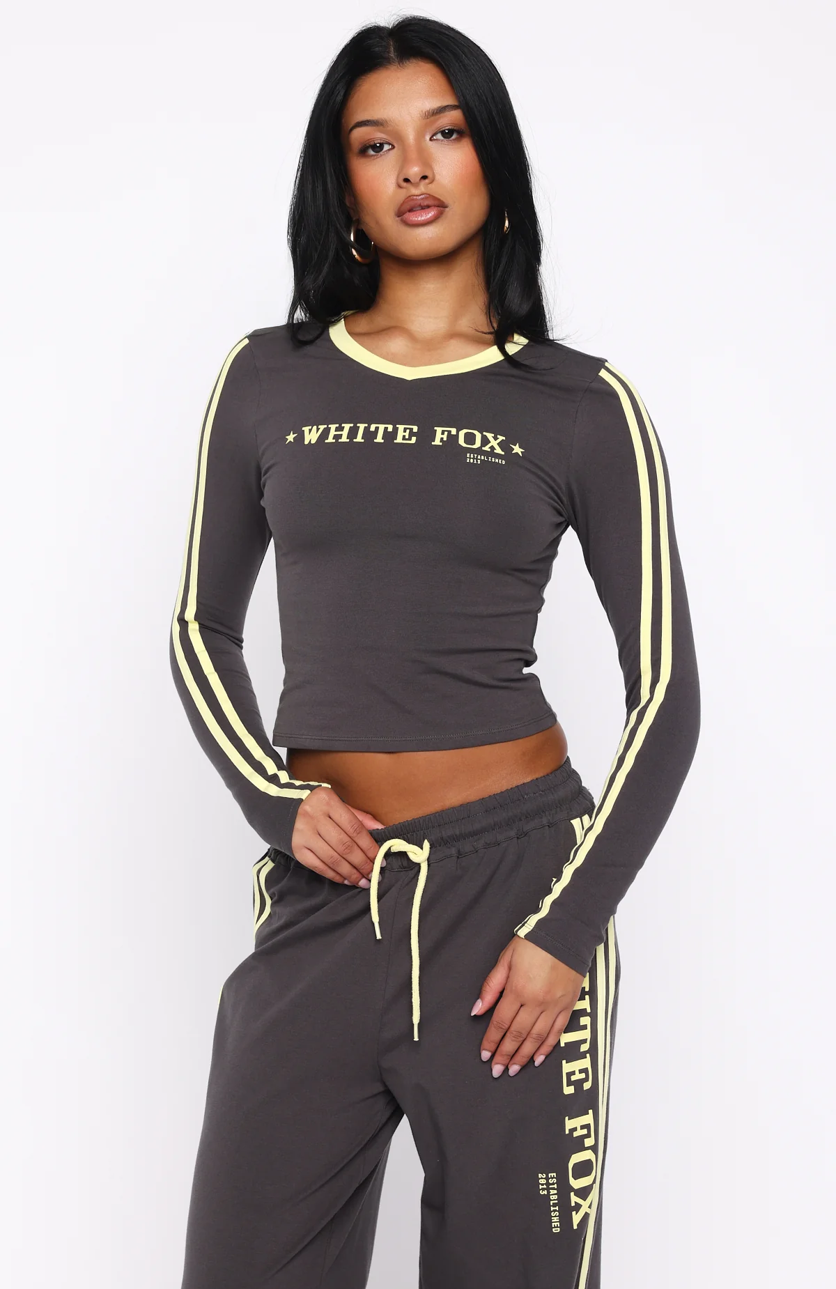 Star Of The Night Long Sleeve V Neck Baby Tee Charcoal