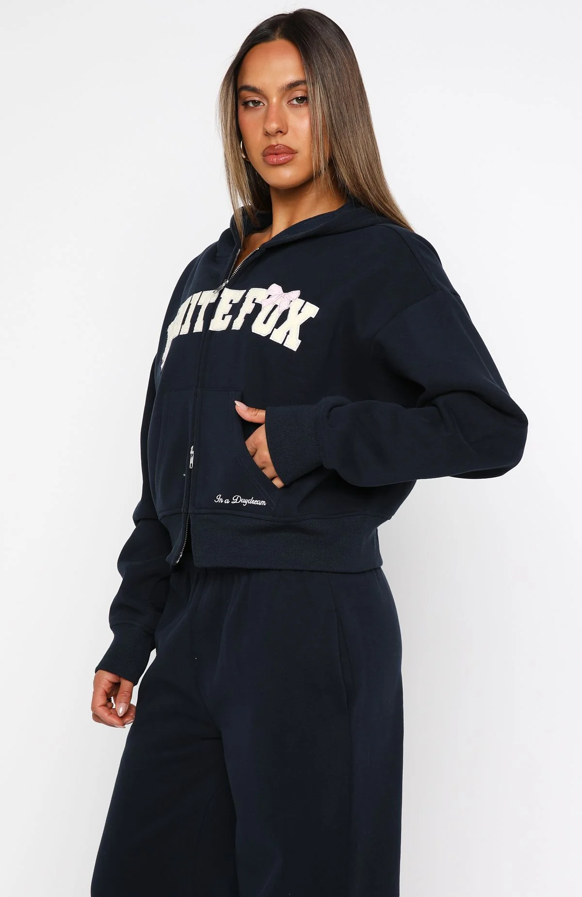 Daydreamers Madeline Boxy Zip Front Hoodie Navy