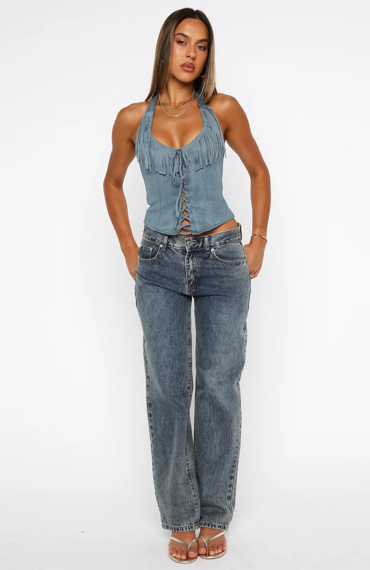 Truth In The Lie Faux Suede Bustier Steel Blue