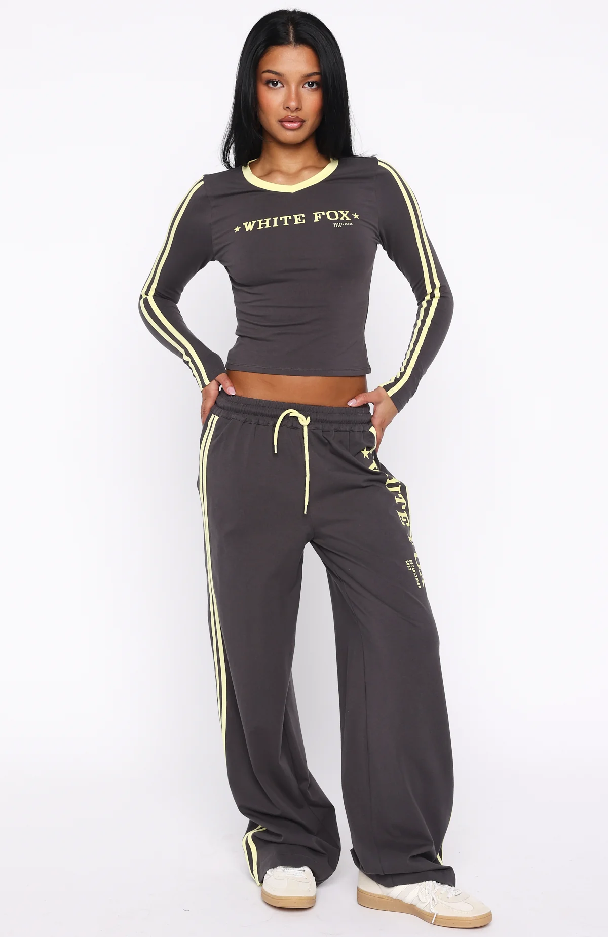 Star Of The Night Long Sleeve V Neck Baby Tee Charcoal