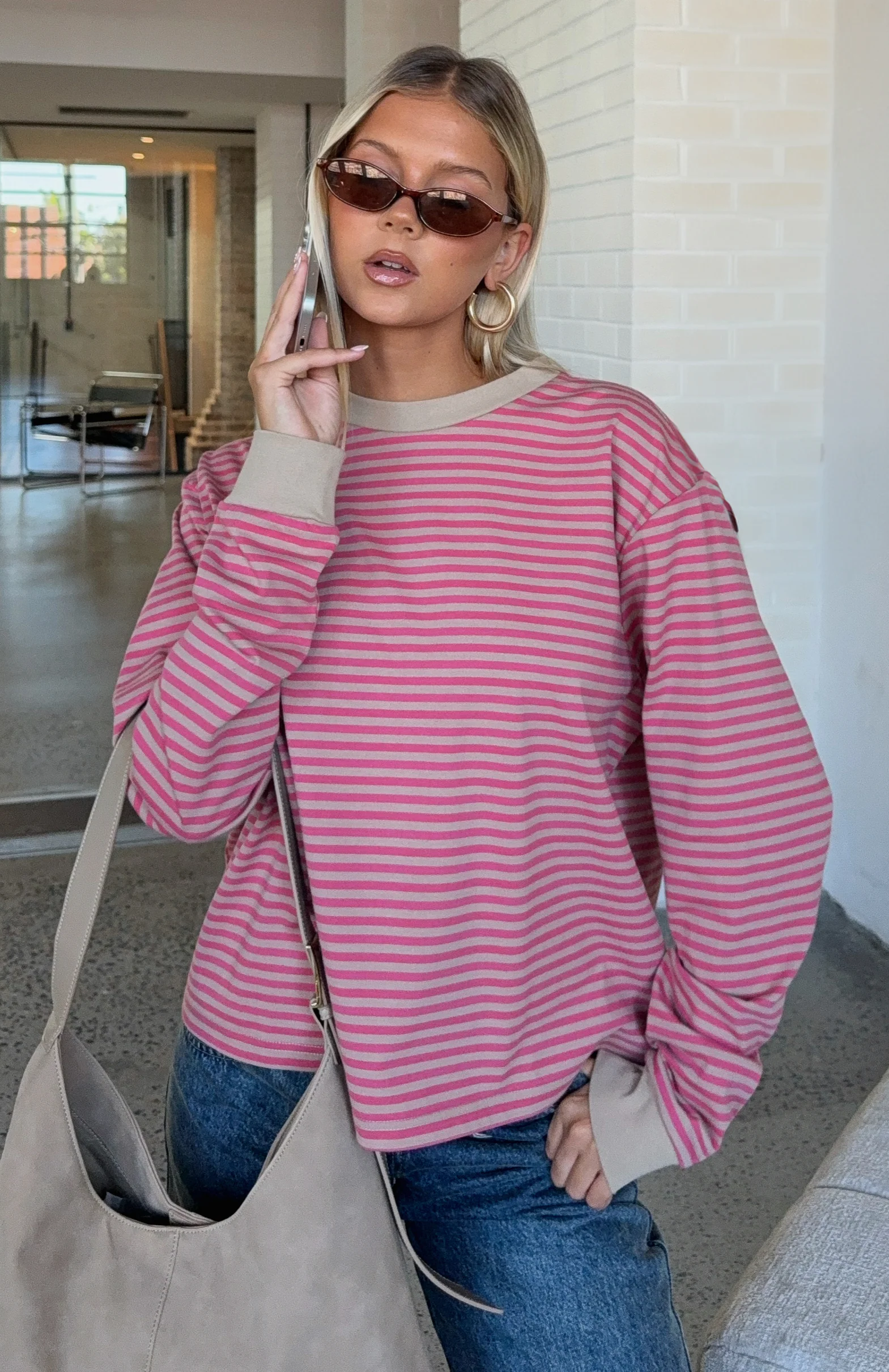 Catch The Drift Long Sleeve Tee Pink/Stone Stripe