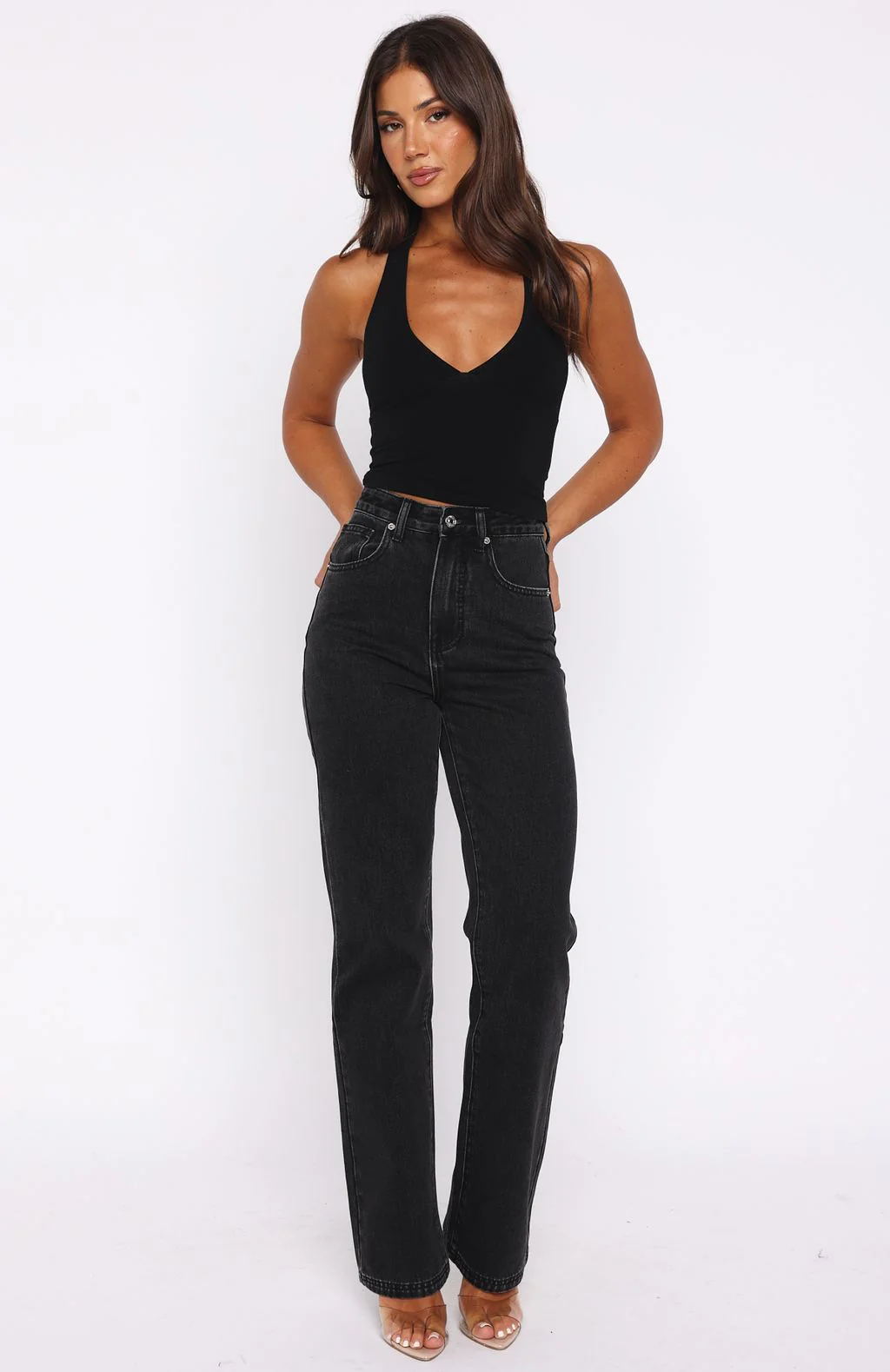 Alyssa High Rise Straight Leg Jeans Black Acid