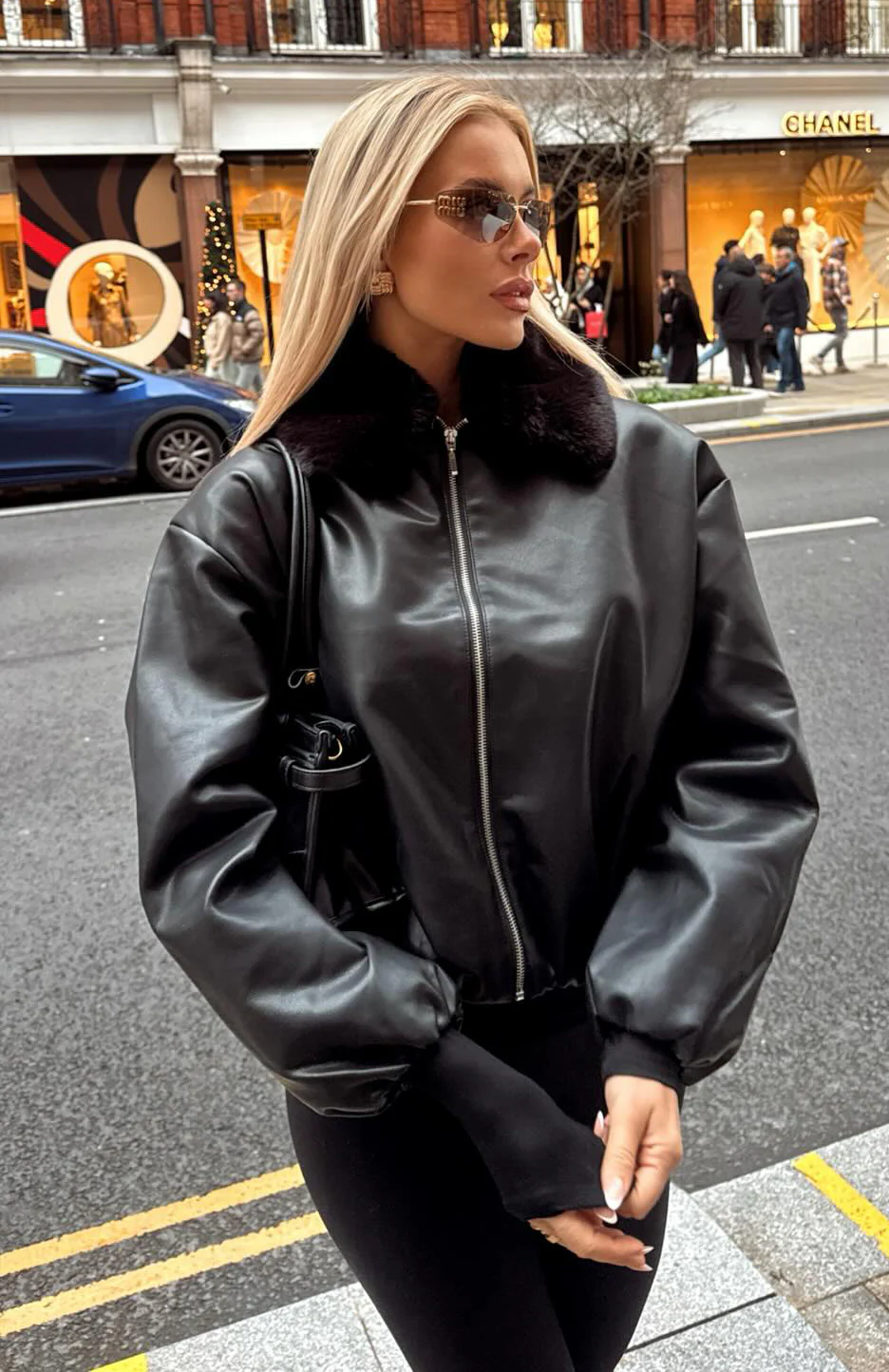 No Competition Pu Bomber Jacket Black
