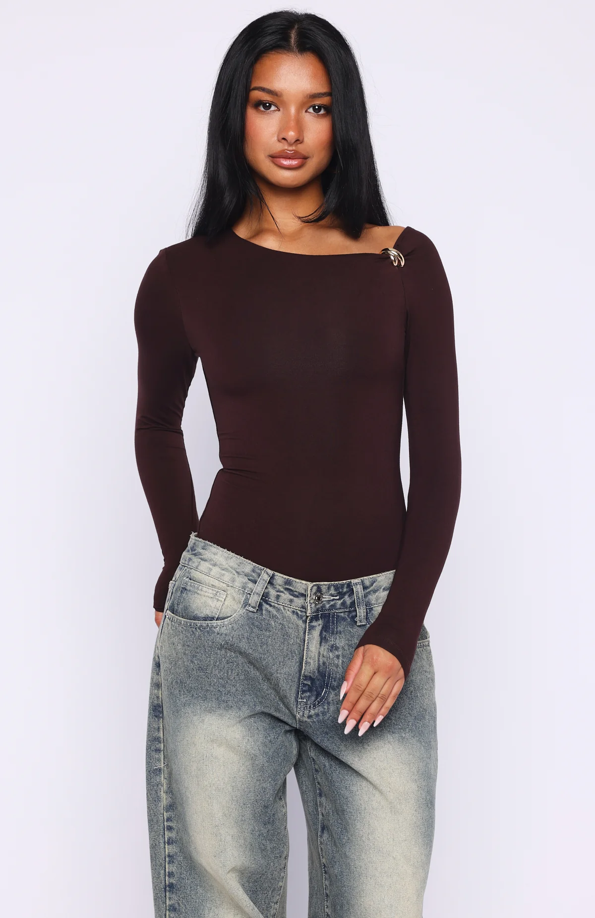 Double Down Long Sleeve Bodysuit Dark Chocolate
