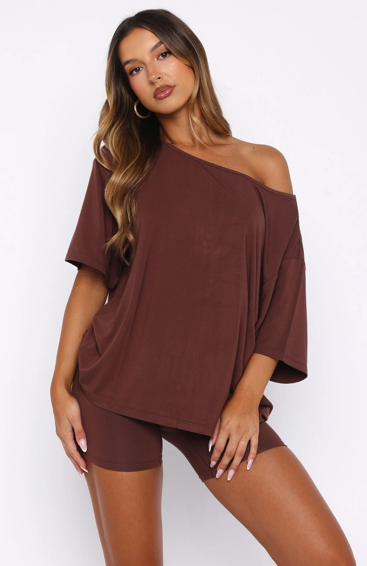 Slow Life Off Shoulder Oversized Pyjama Tee Chocolate