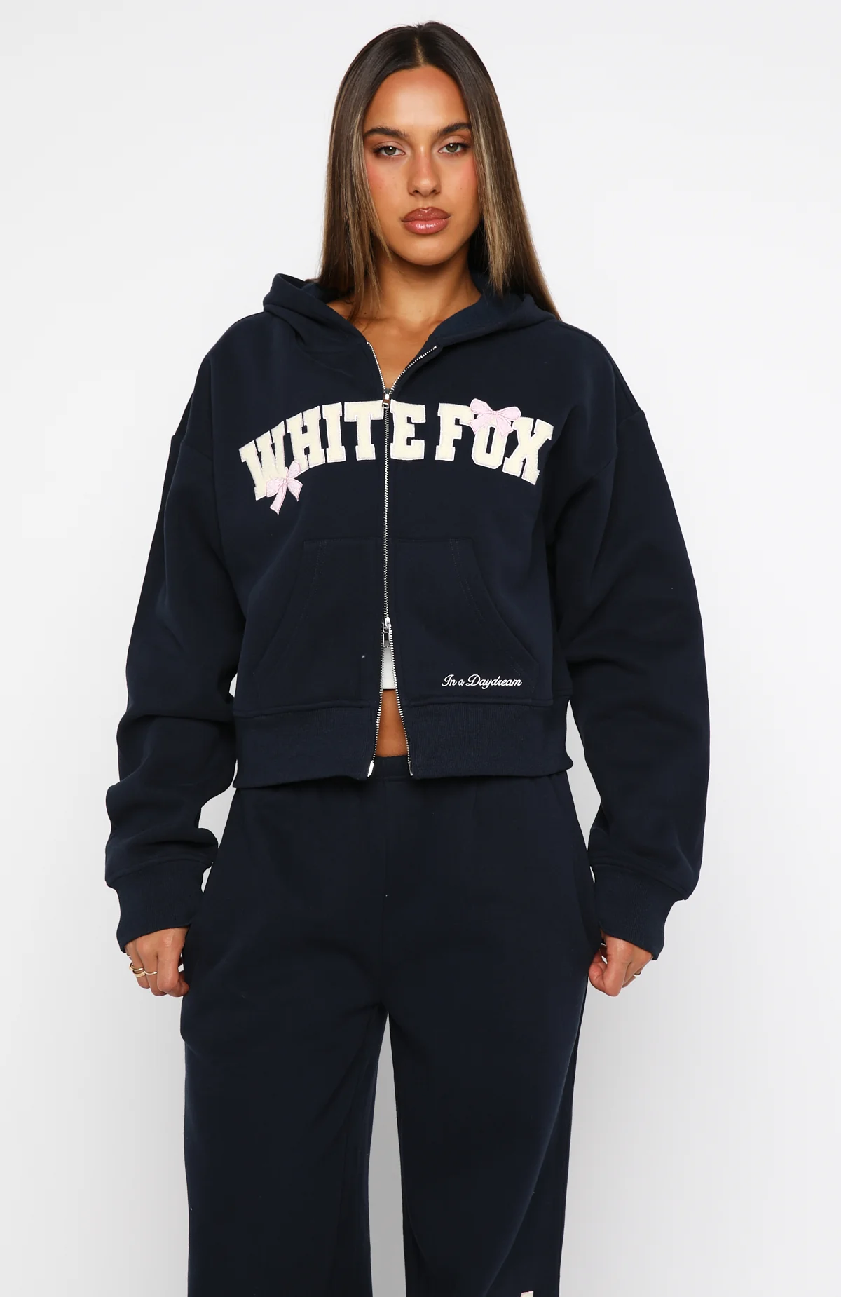 Daydreamers Madeline Boxy Zip Front Hoodie Navy