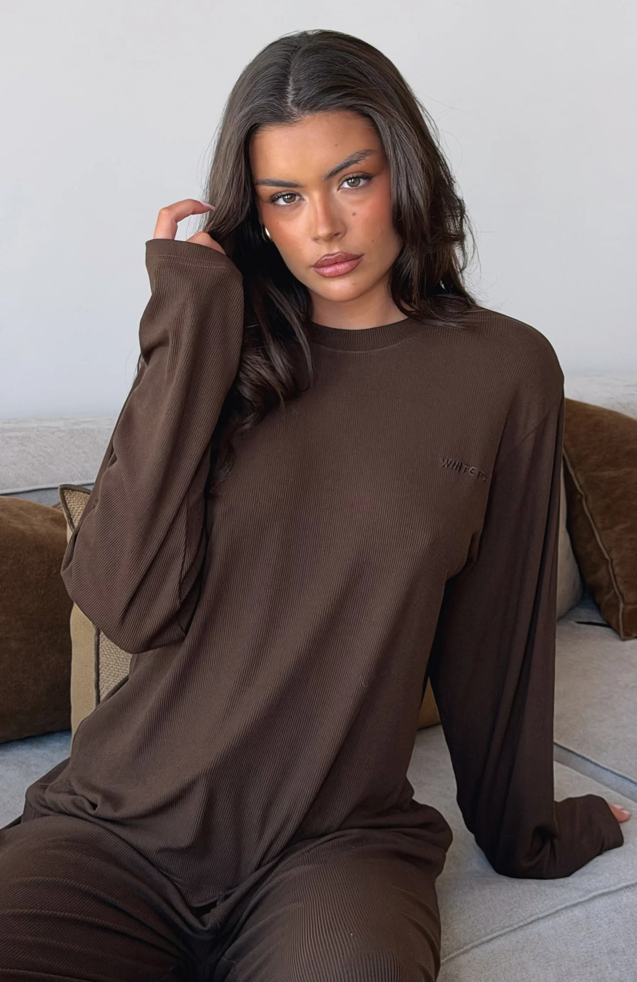 Come A Long Way Soft Lounge Long Sleeve Ribbed Tee Chocolate
