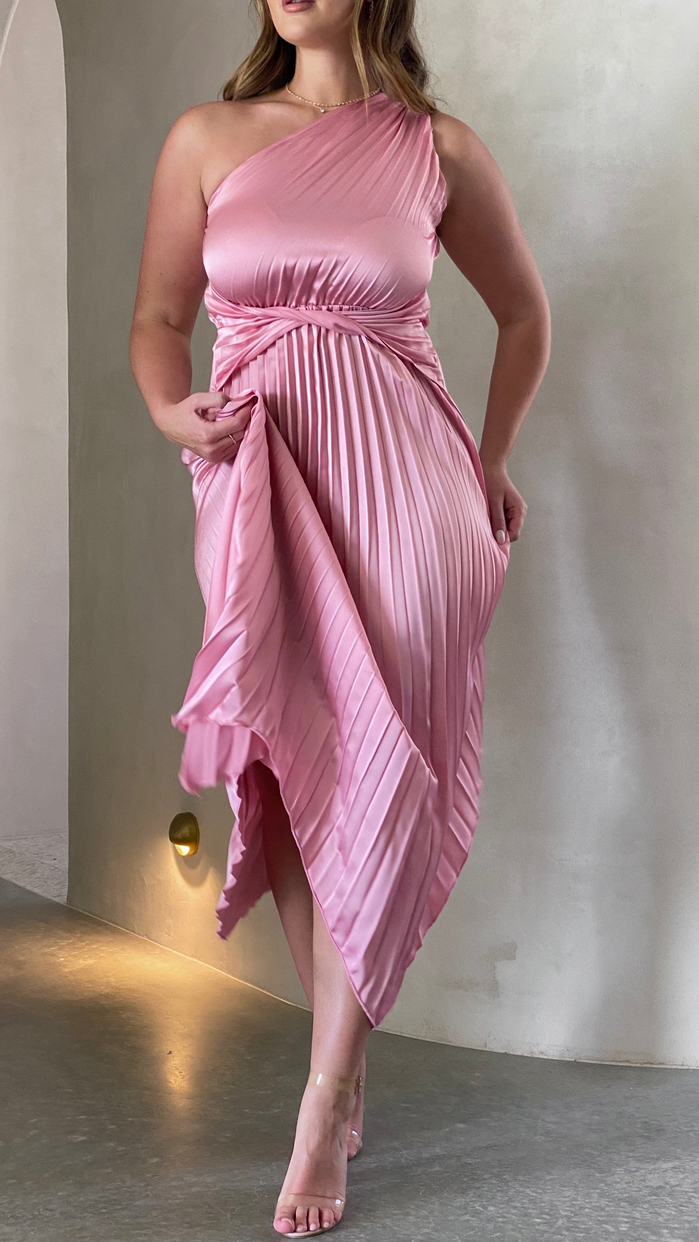 Cali One Shoulder Midi Dress - Pale Pink