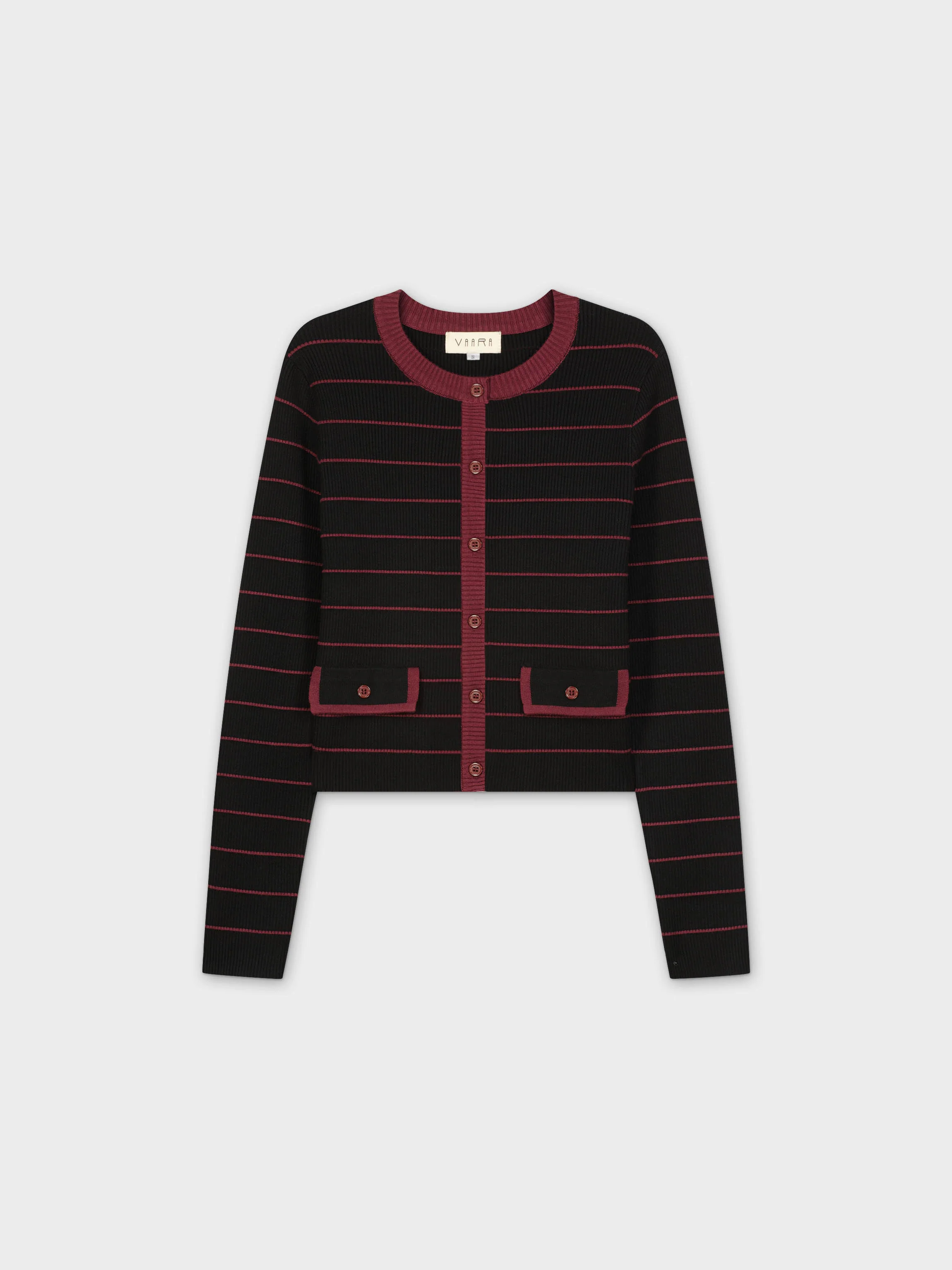CROPPED STRIPE CARDIGAN-BLACK/BURGUNDY
