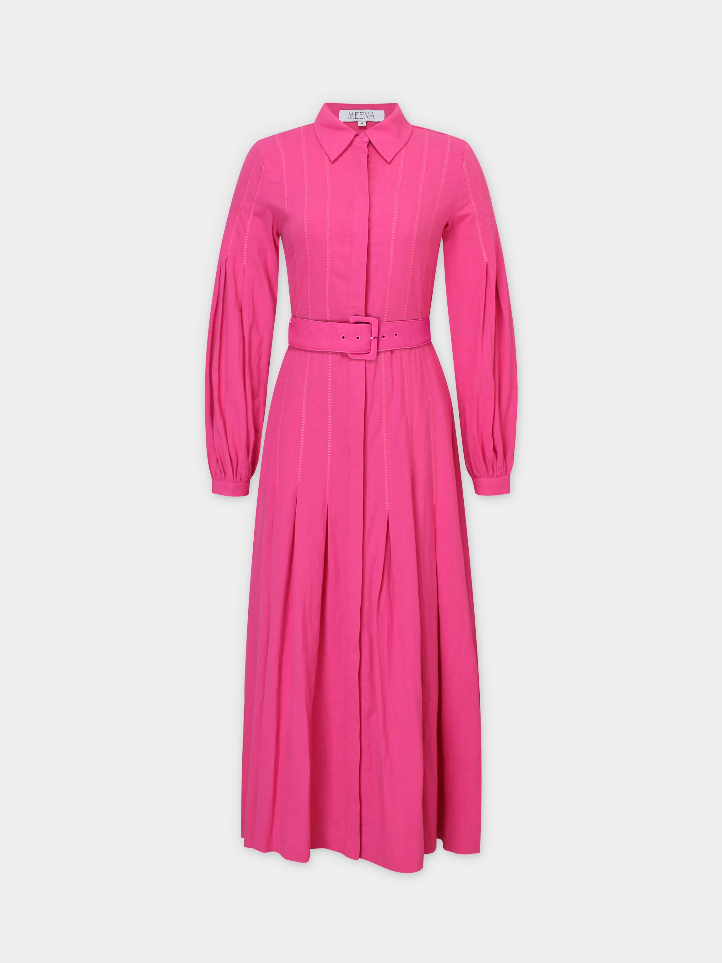CROSS STITCH PLEATED DRESS-HOT PINK