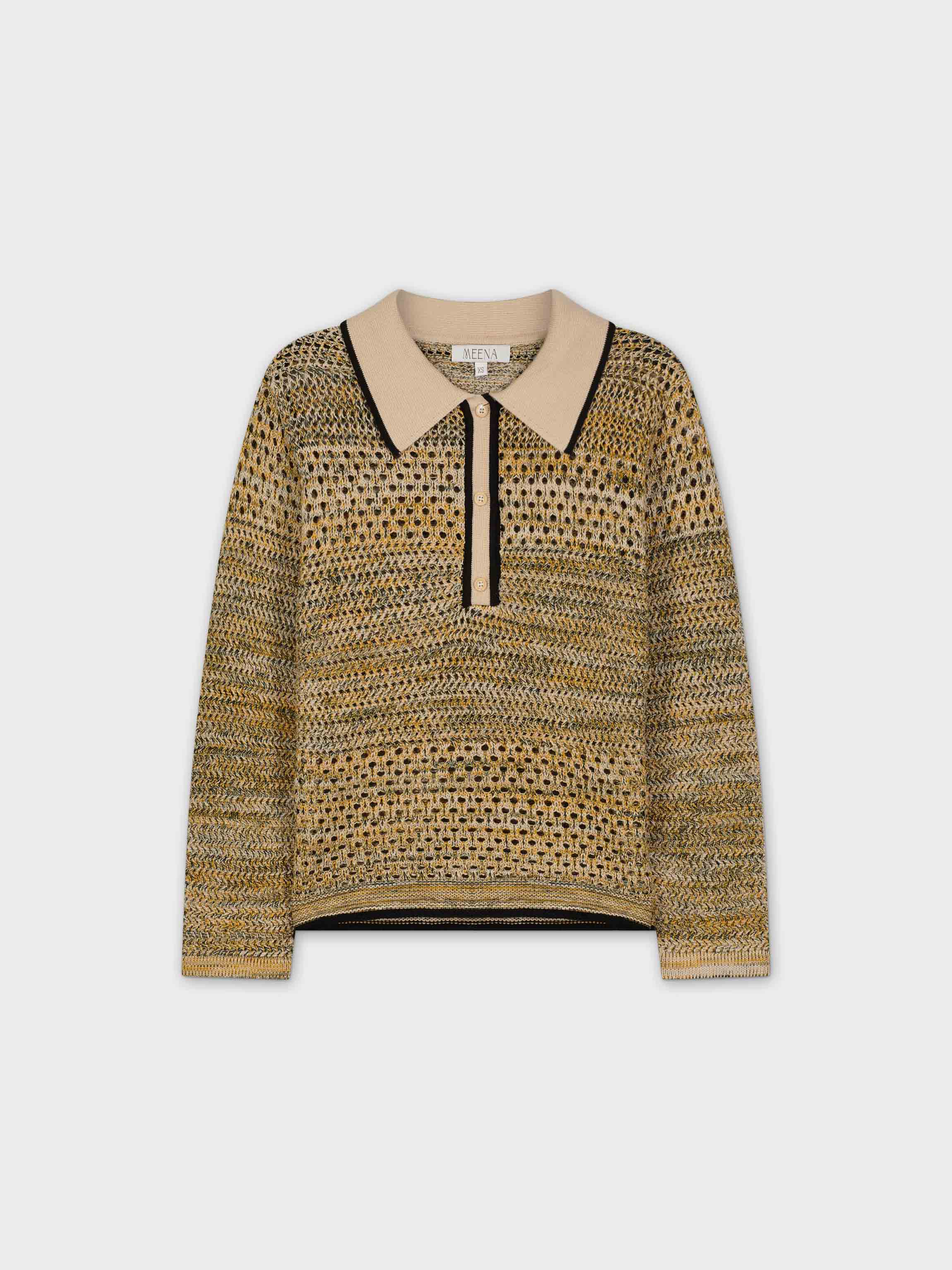 CROCHET HENLEY SWEATER-TAN