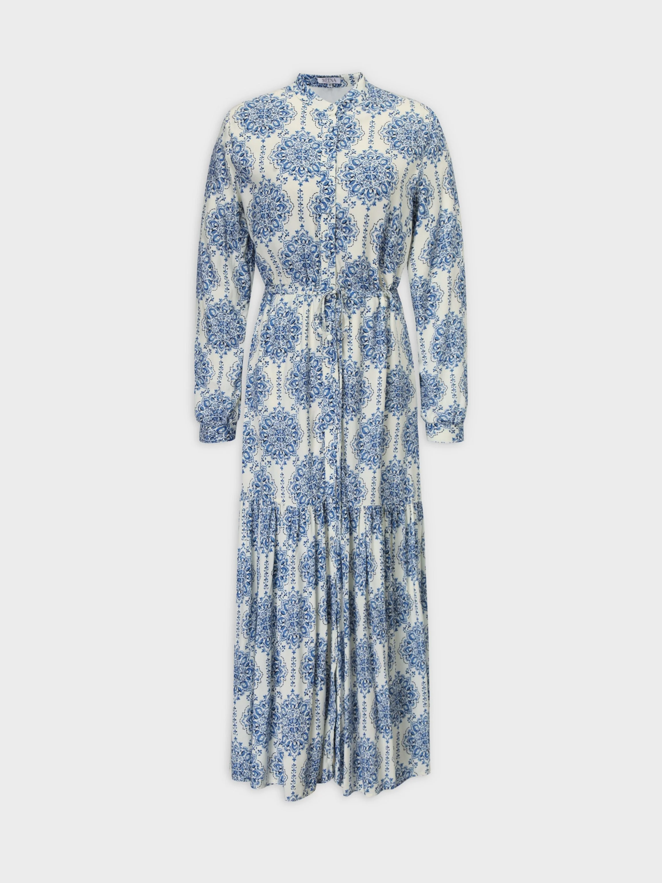 DRAWSTRING MAXI DRESS-BLUE MEDALLION