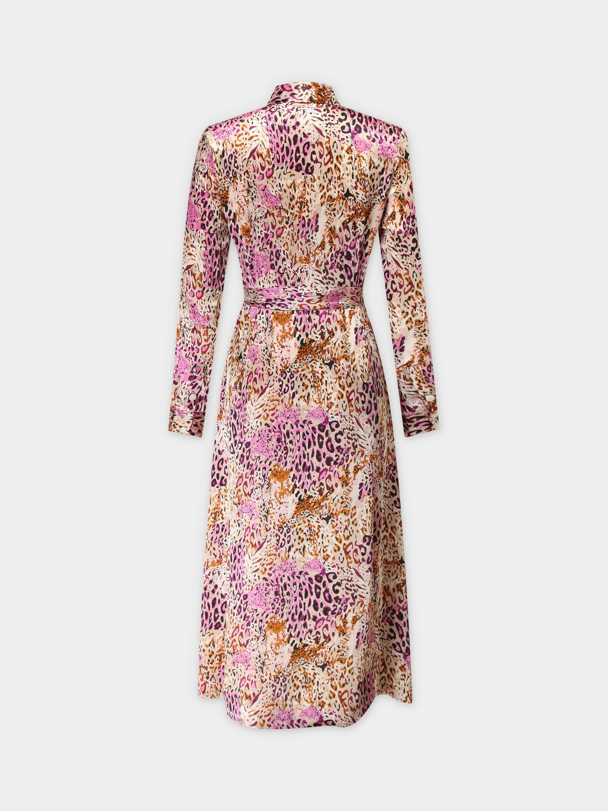Basic Belted A-Line Dress-Pink Leopard