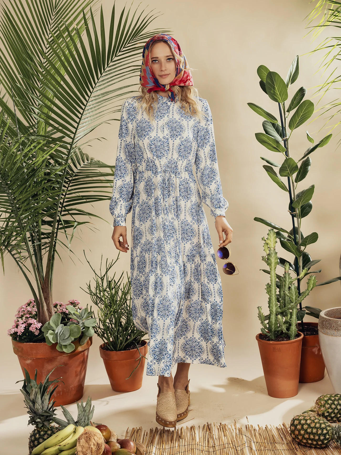 DRAWSTRING MAXI DRESS-BLUE MEDALLION