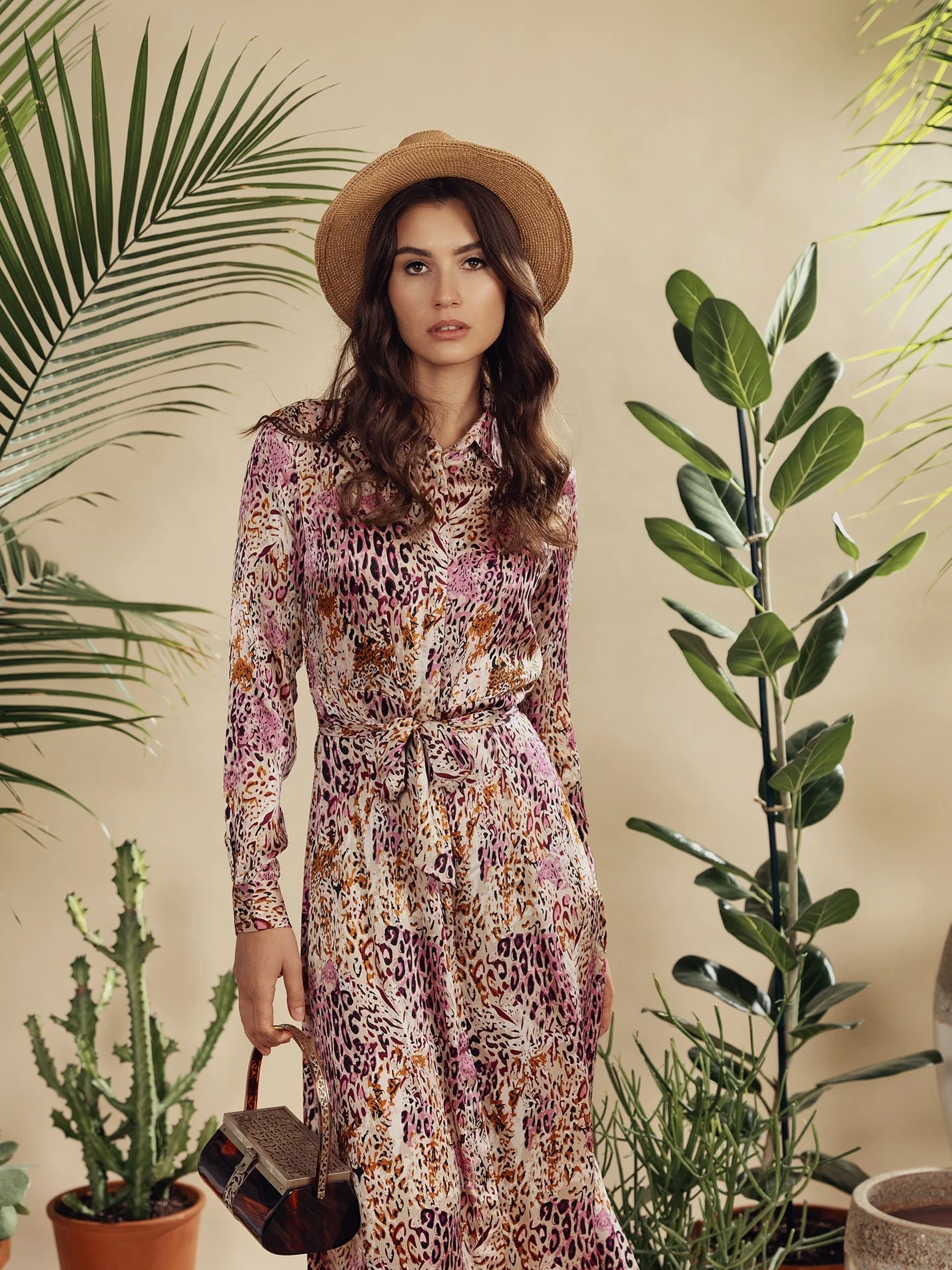 Basic Belted A-Line Dress-Pink Leopard