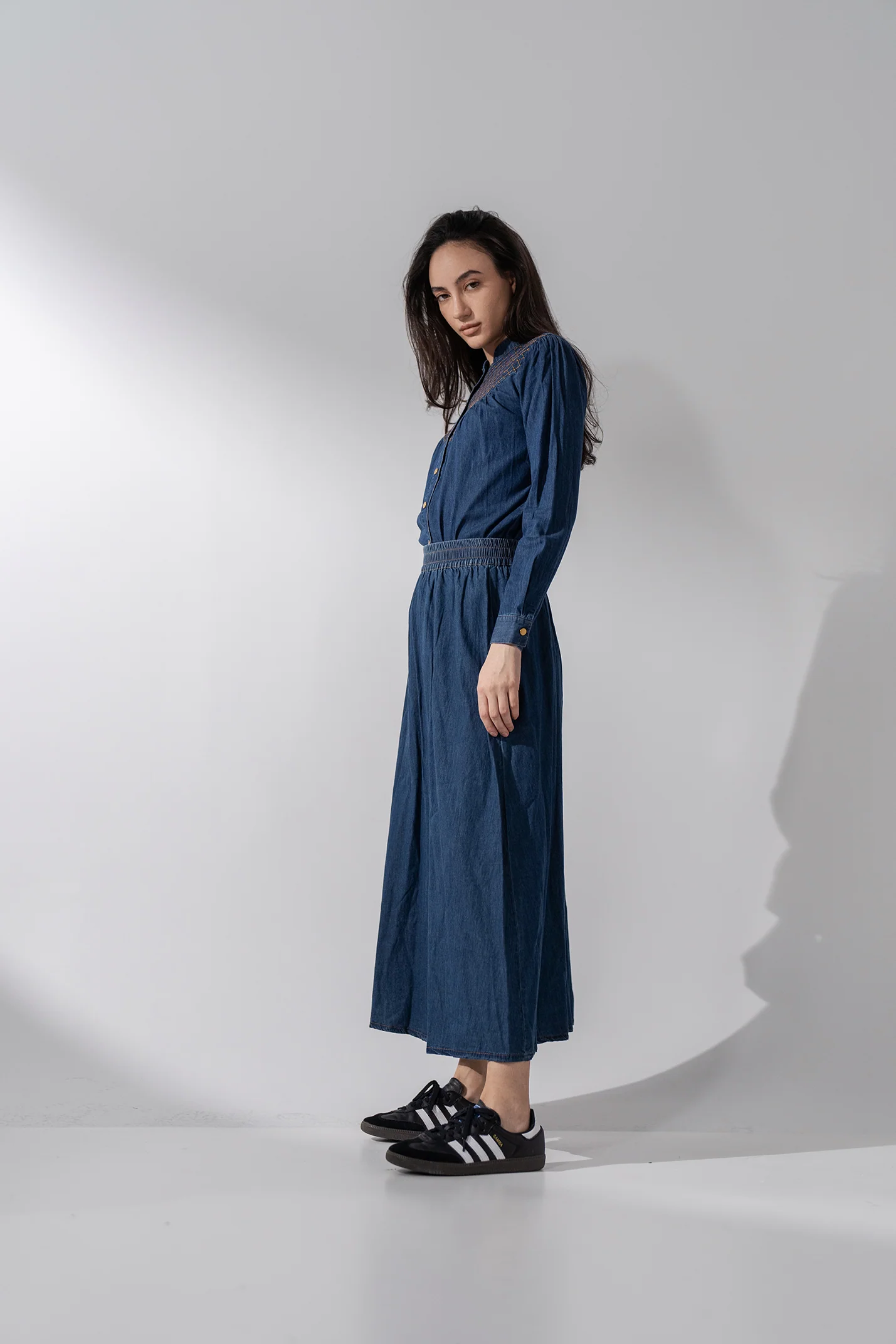 Gathered Waist Denim Skirt-Blue