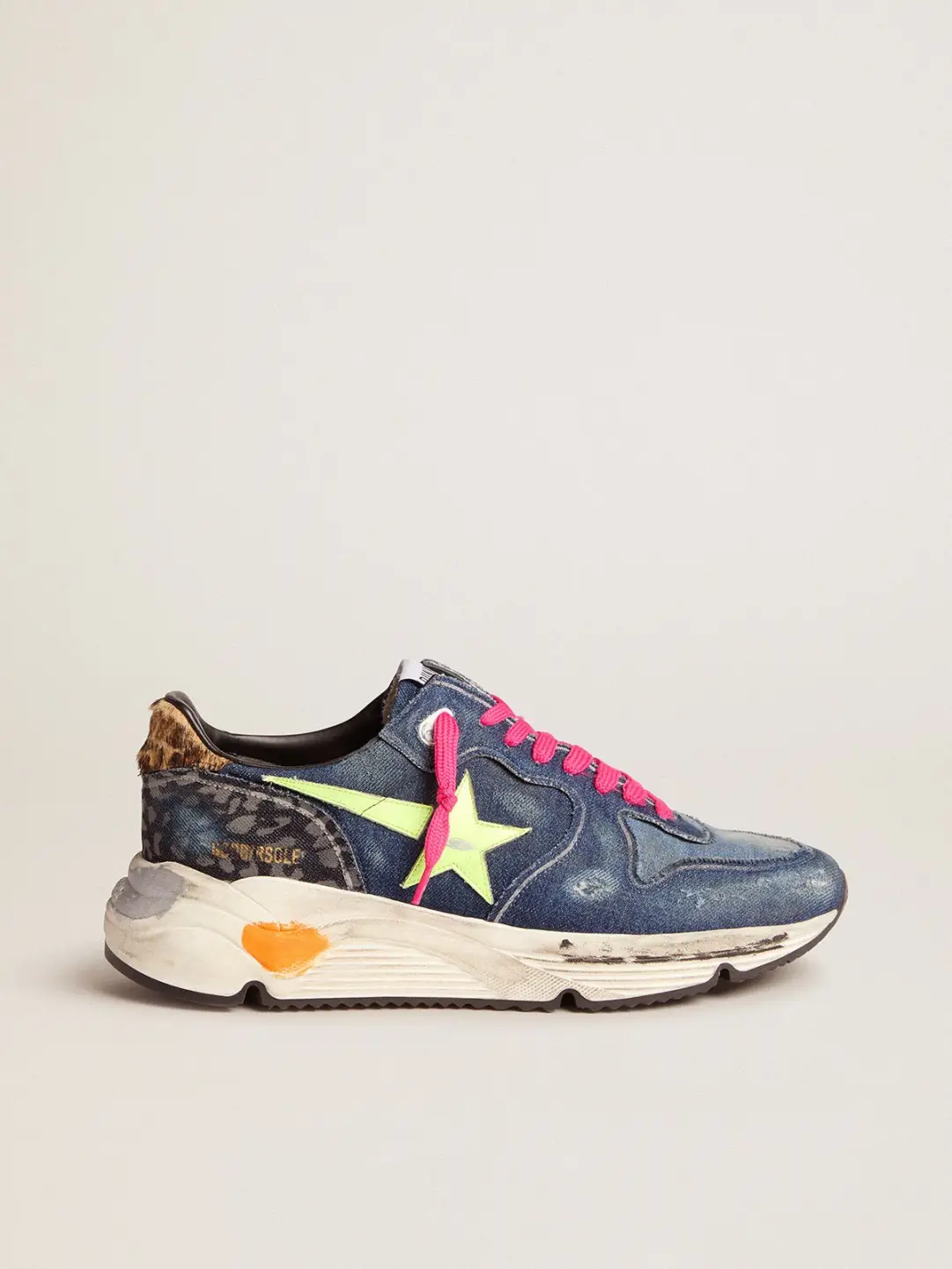 Denim Running Sole sneakers with a fluorescent yellow star and leopard-print  pony skin heel tab - GOLDEN GOOSE