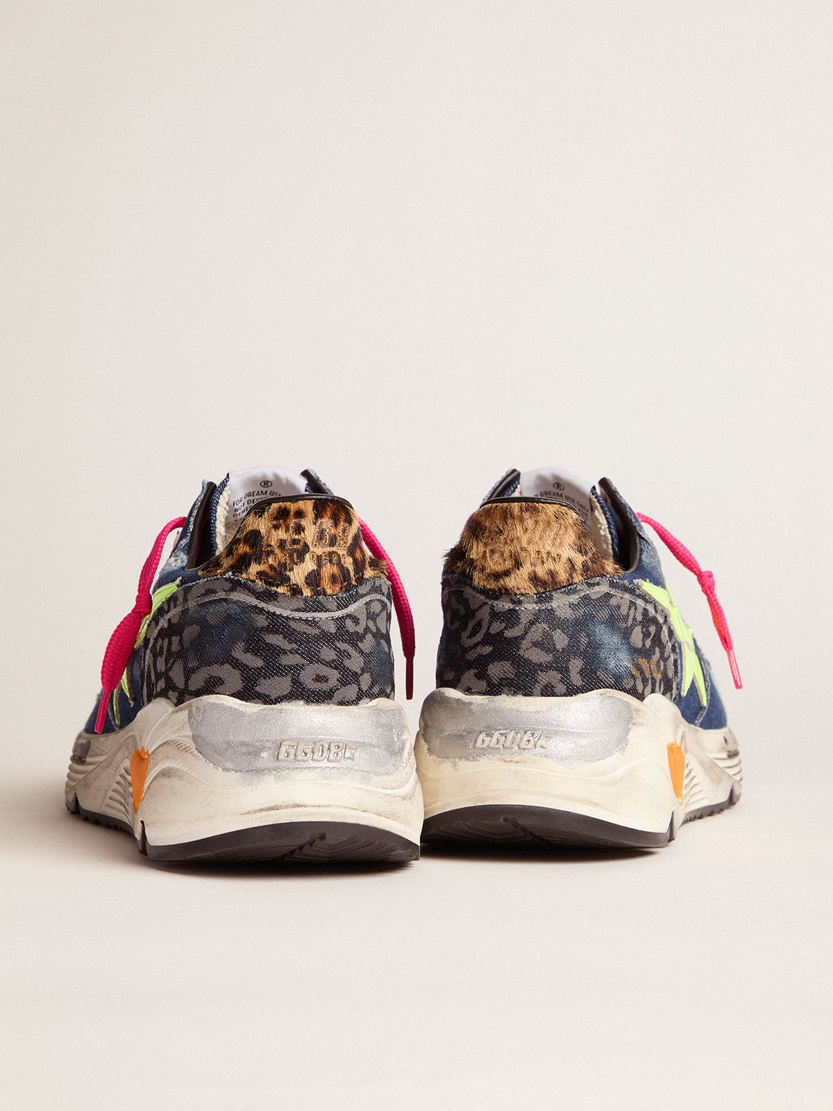 Denim Running Sole sneakers with a fluorescent yellow star and leopard-print  pony skin heel tab - GOLDEN GOOSE