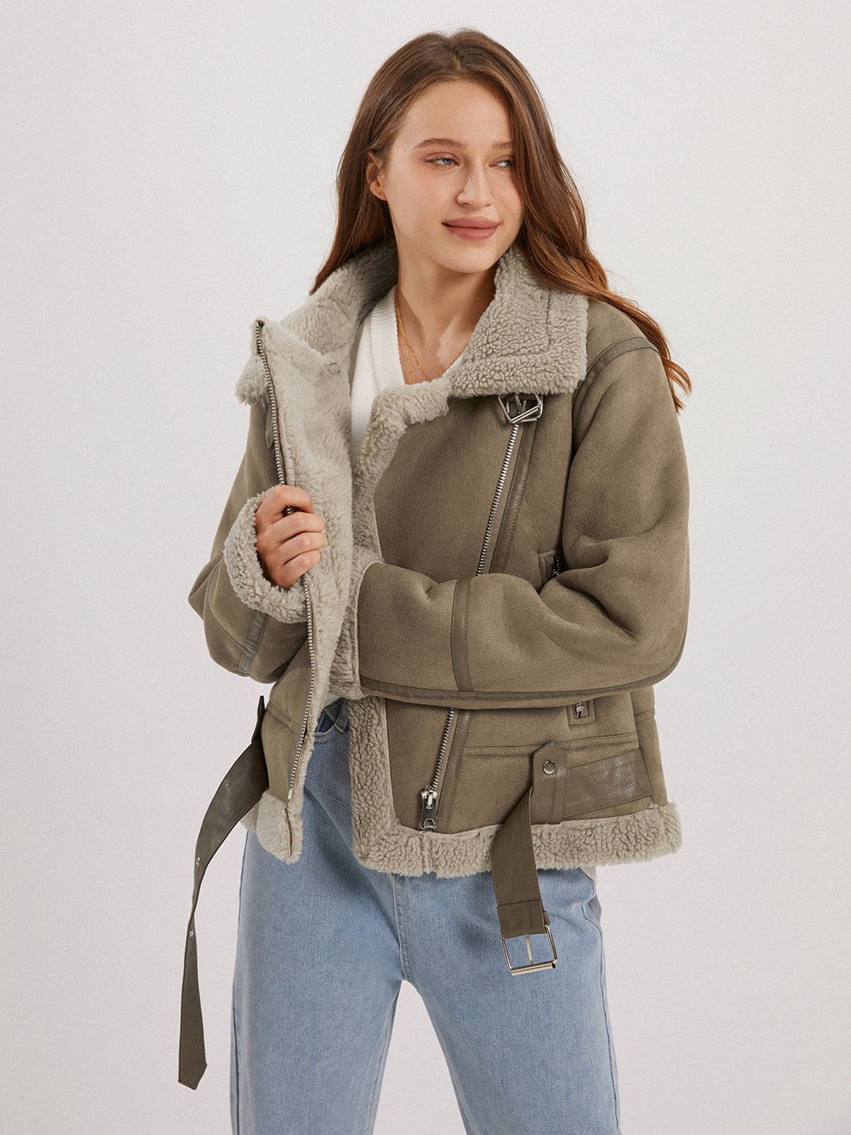 Thecomense - Teddybear Shearling Leather Flight Jacket