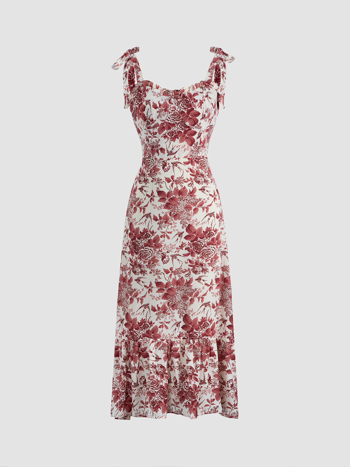 Thecomense - Rosy Bush Floral Tie Shoulder Midi Dress