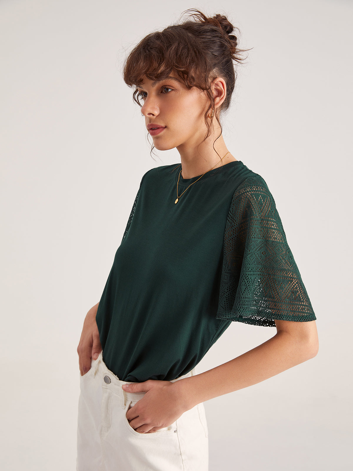 Thecomense - Emerald Green Contrast Lace Flutter Sleeve T-Shirt