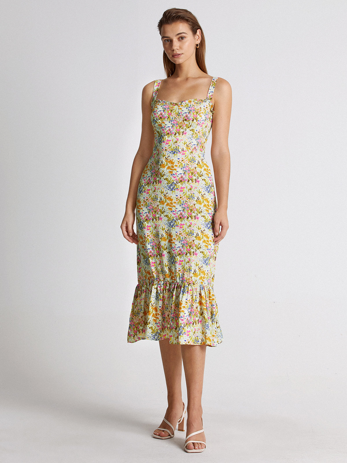 Thecomense - Sweetheart Floral Garden Ruffle Hem Midi Strap Dress