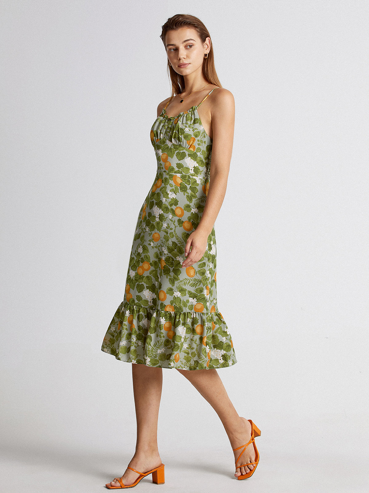 Thecomense - Ruffle Hem Valencia Orange Midi Strap Dress
