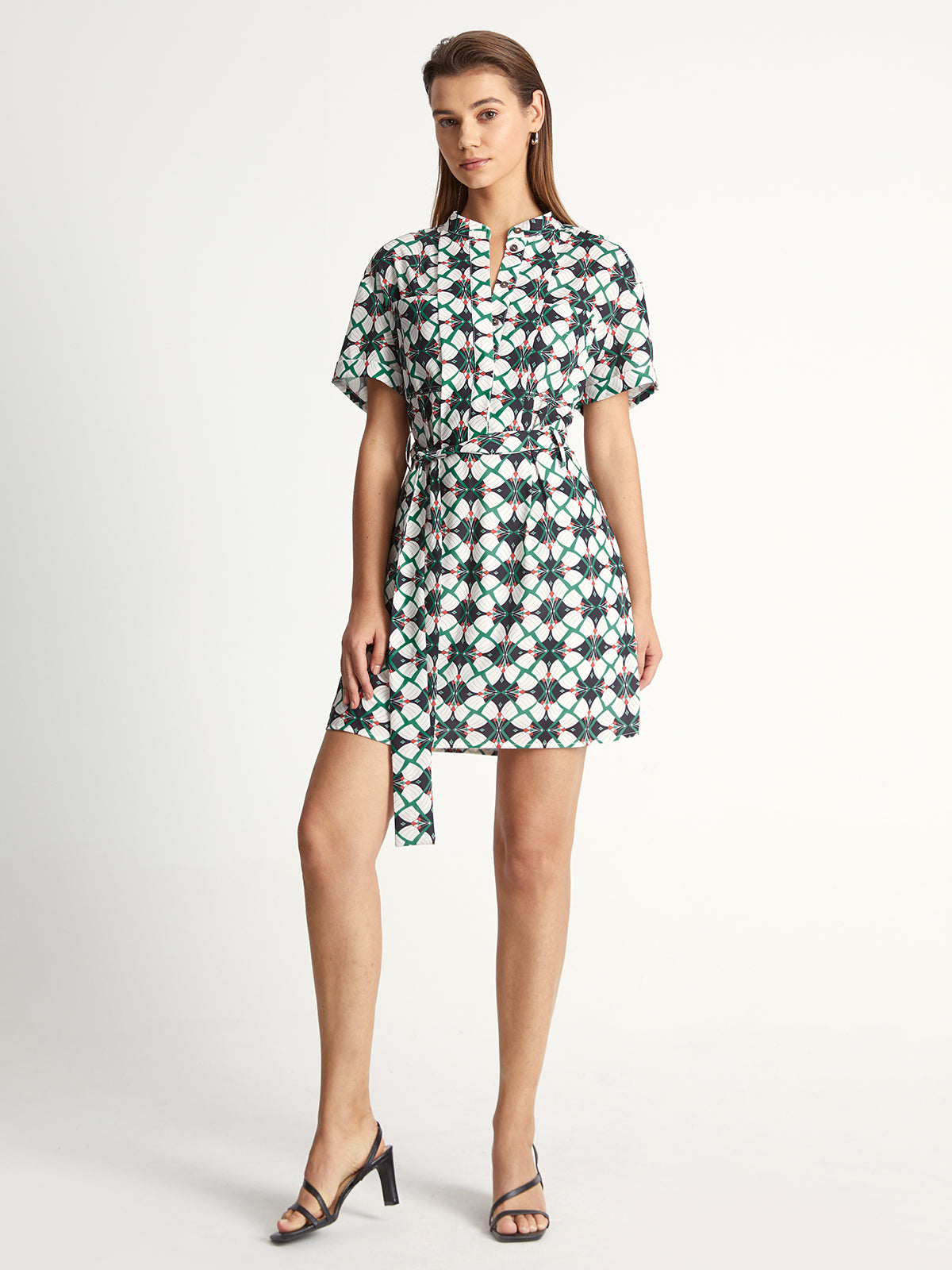 Thecomense - Kaleidoscope Button Up Short Sleeve Belt Tie Dress