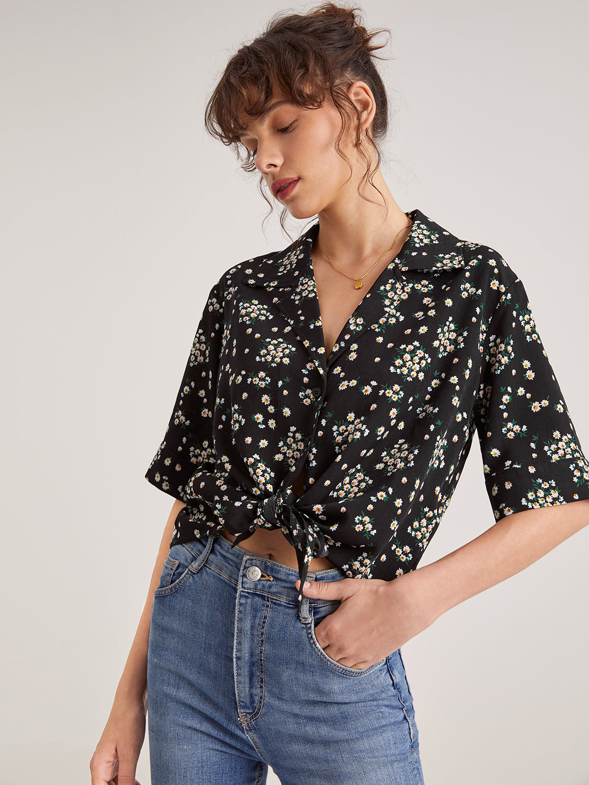 Thecomense - Daisy Button Up Short Sleeve Shirt
