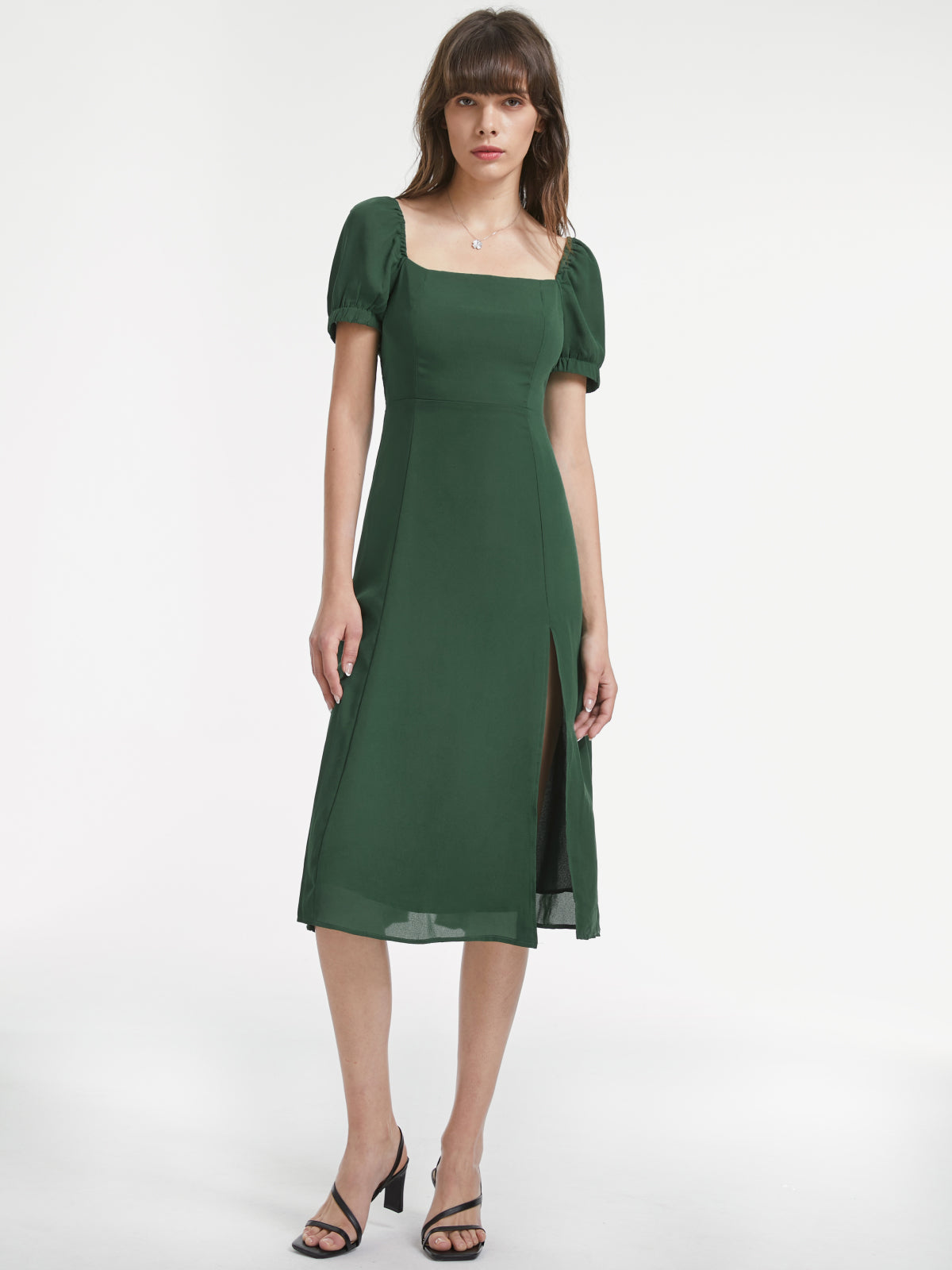 Thecomense - Gathered Dreams Emerald Green Slit Midi Dress