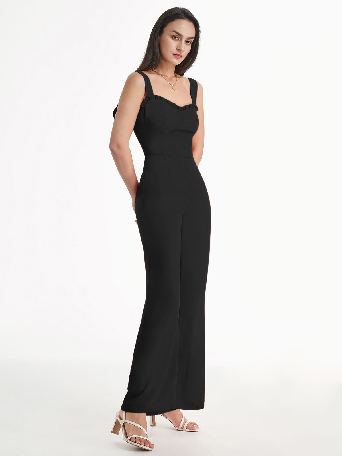 Thecomense - Sweetheart Ruffle Wide Tie Strap Flare Leg Jumpsuit