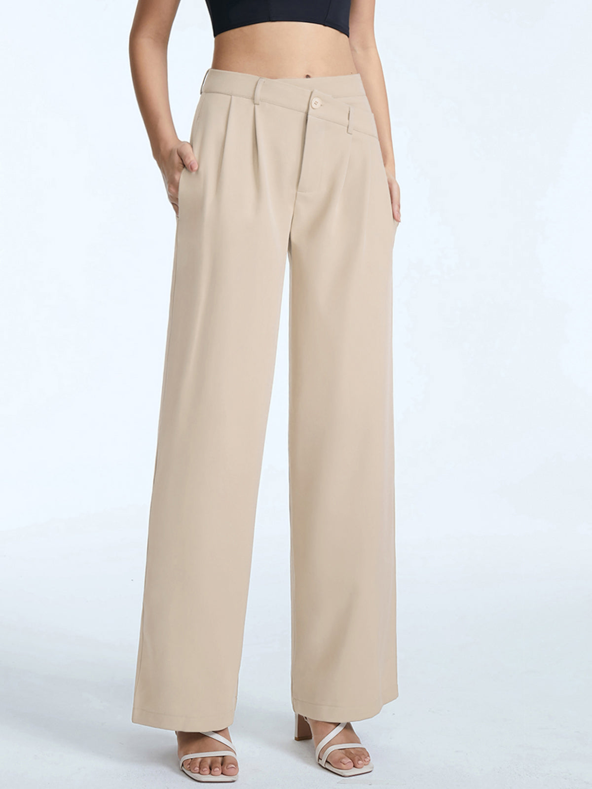 Thecomense - High Waisted Asymmetrical Pleat Front Wide Leg Trousers